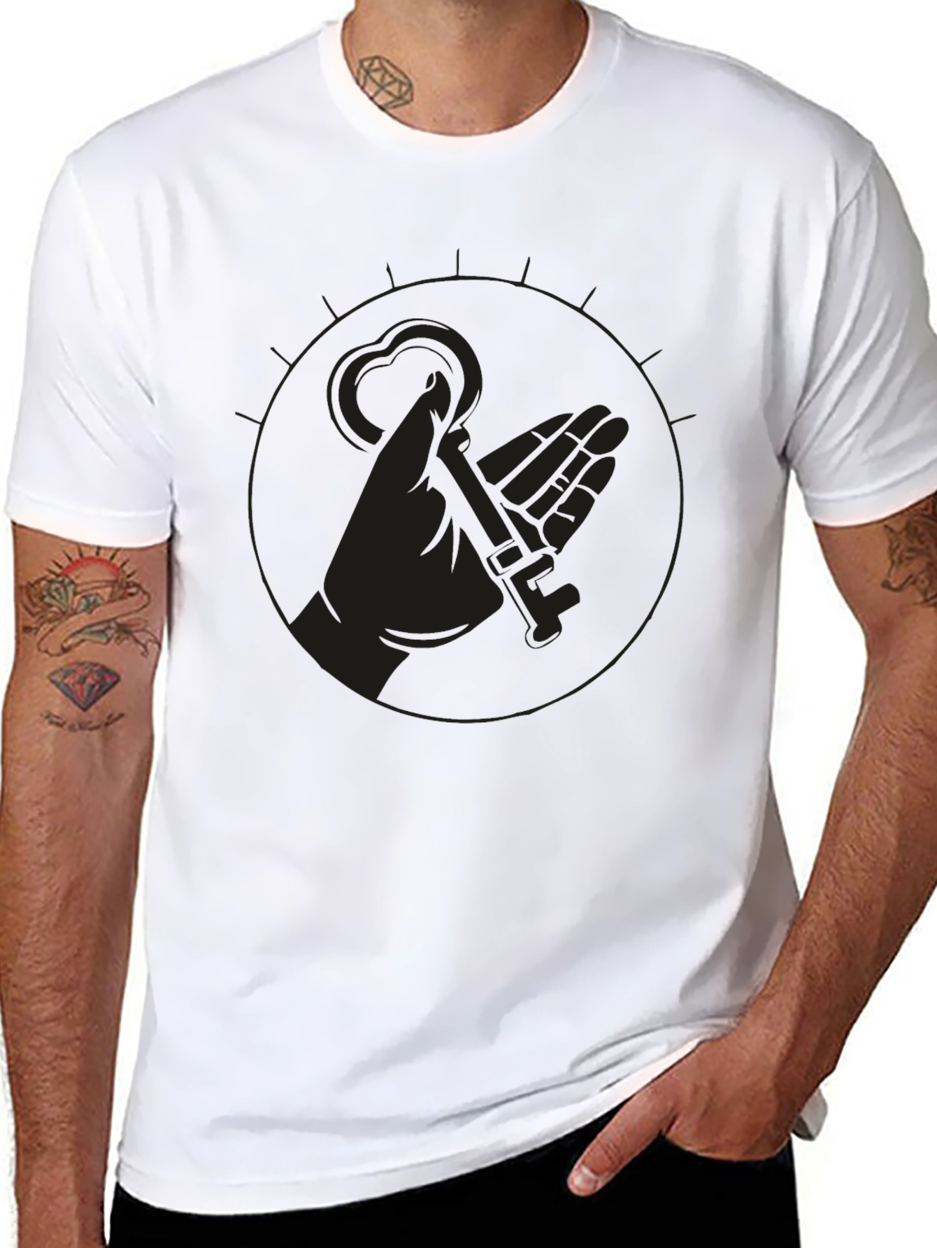 Mens Black Graphic Tee - Hand Holding Key Design