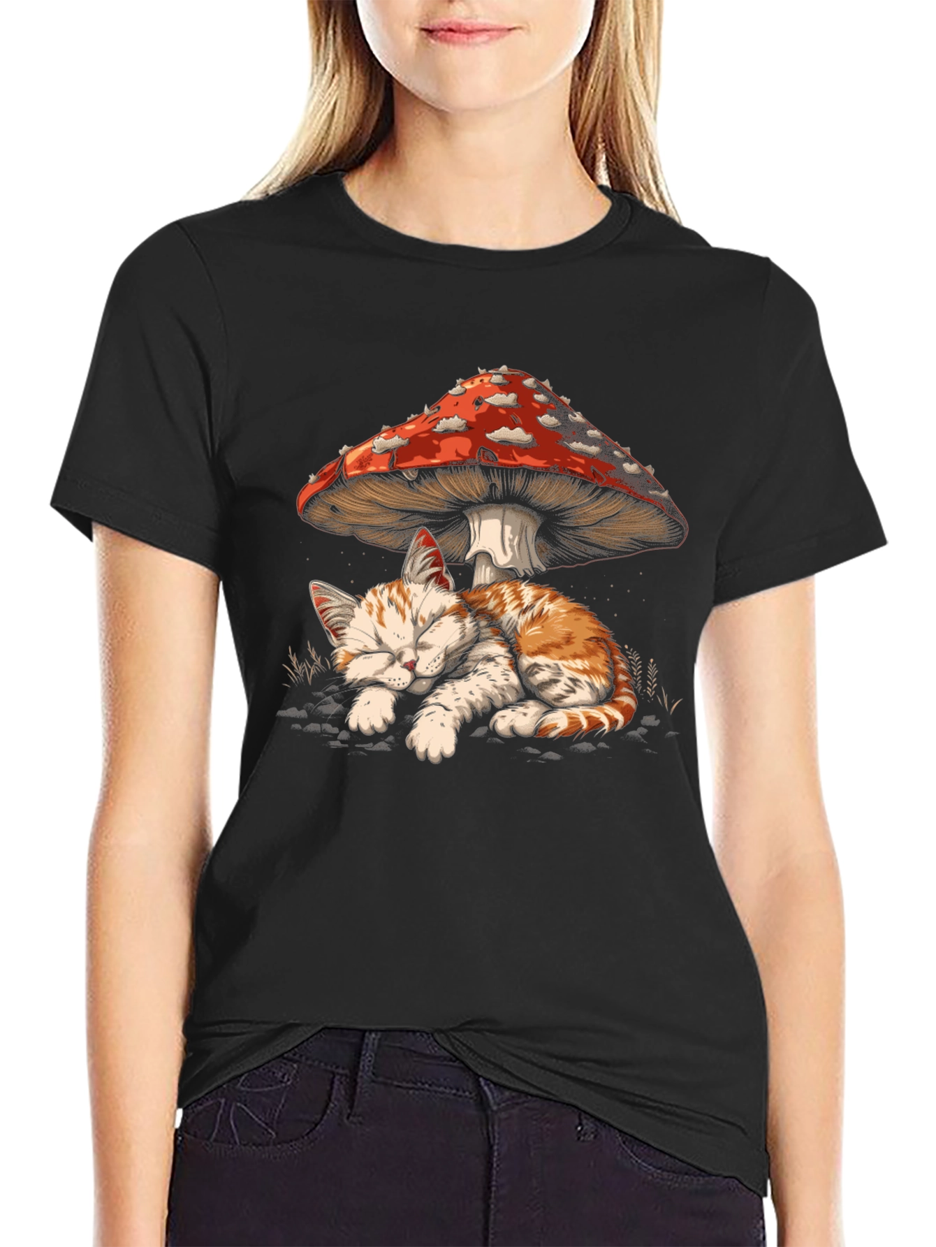 Cat Napping Under Mushroom Graphic Tee