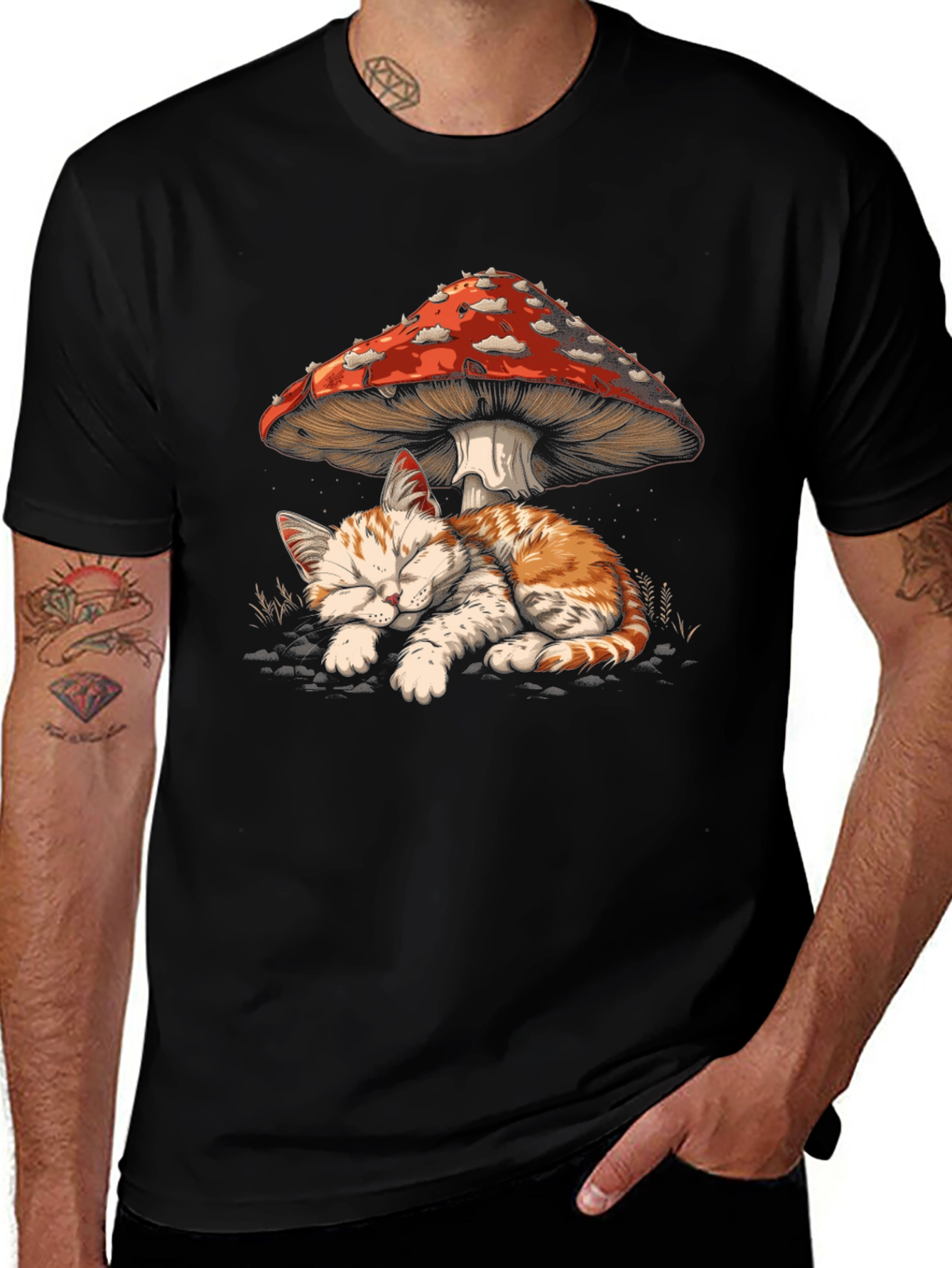 Cat Napping Under Mushroom Graphic Tee
