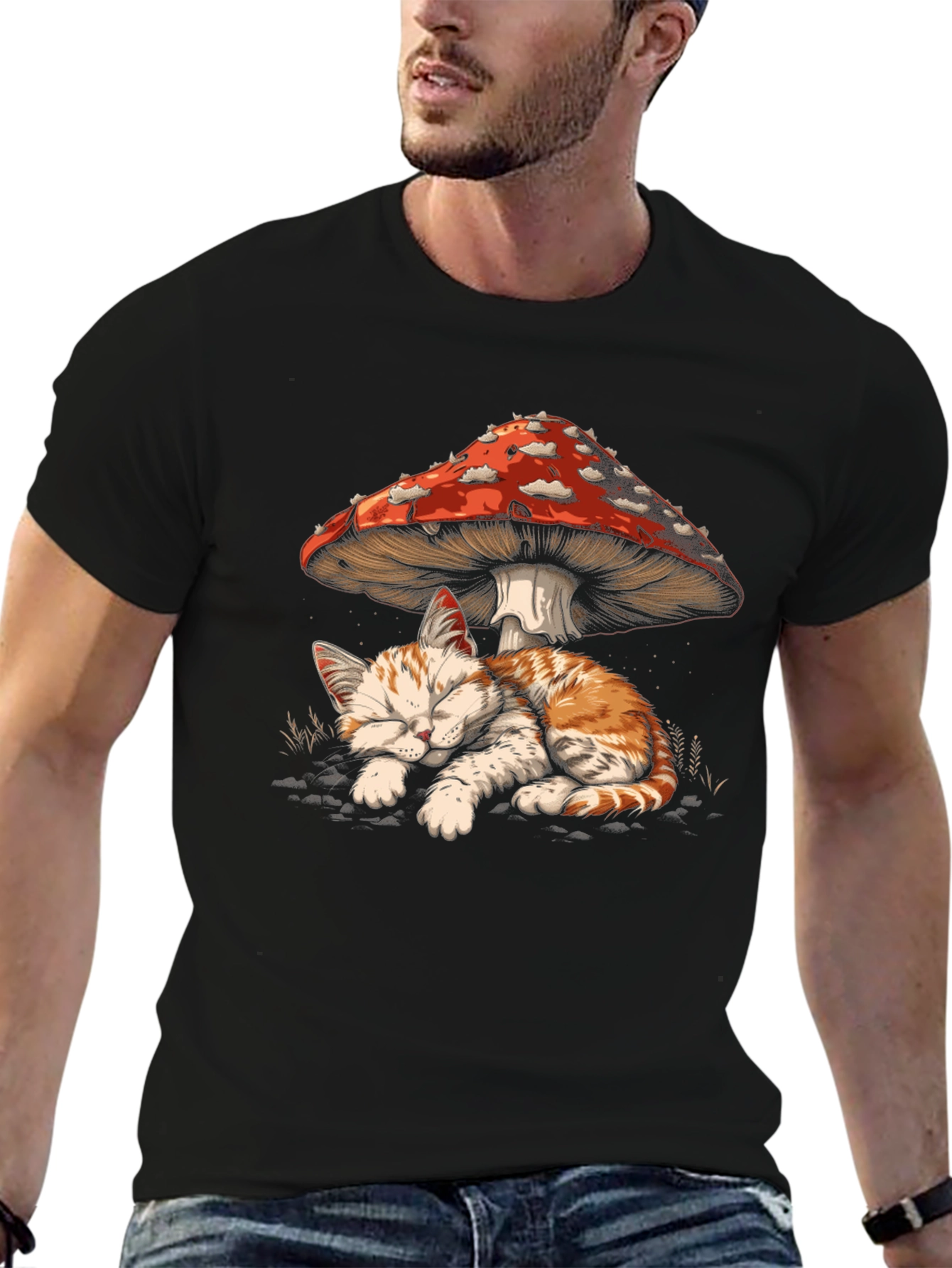 Cat Napping Under Mushroom Graphic Tee