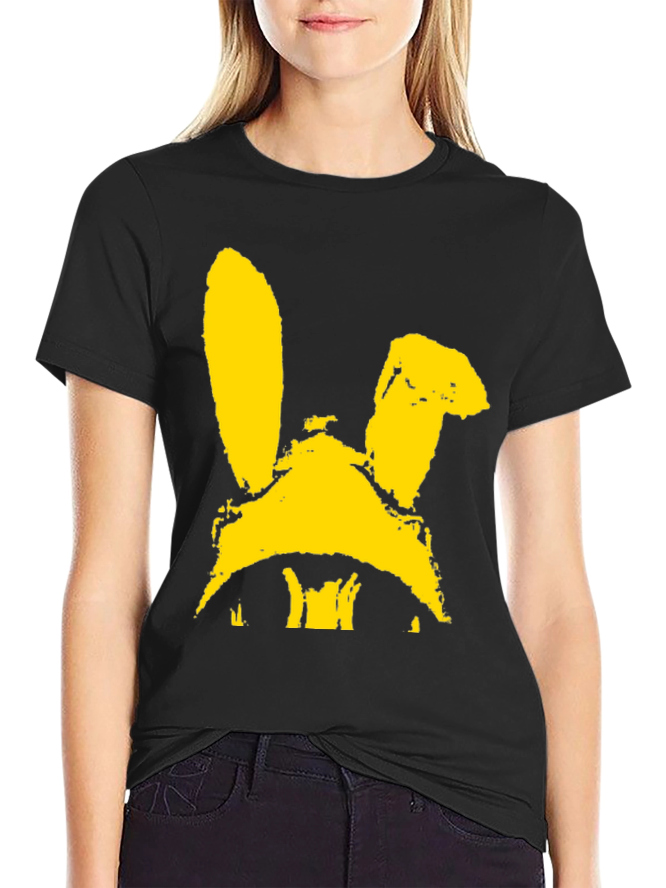 Black T-Shirt with Yellow Bunny Graphic