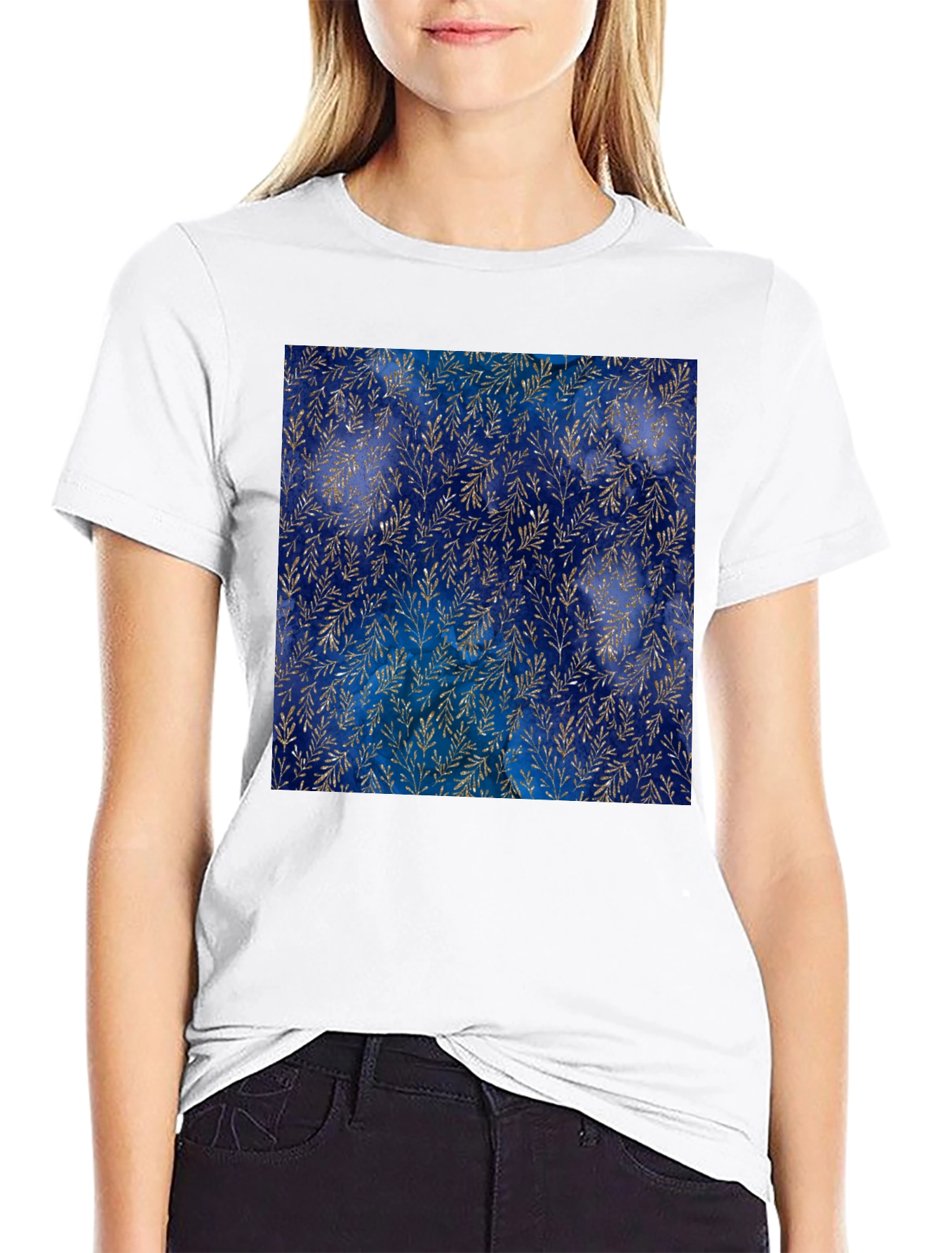 Navy & Gold Leaf Pattern T-Shirt