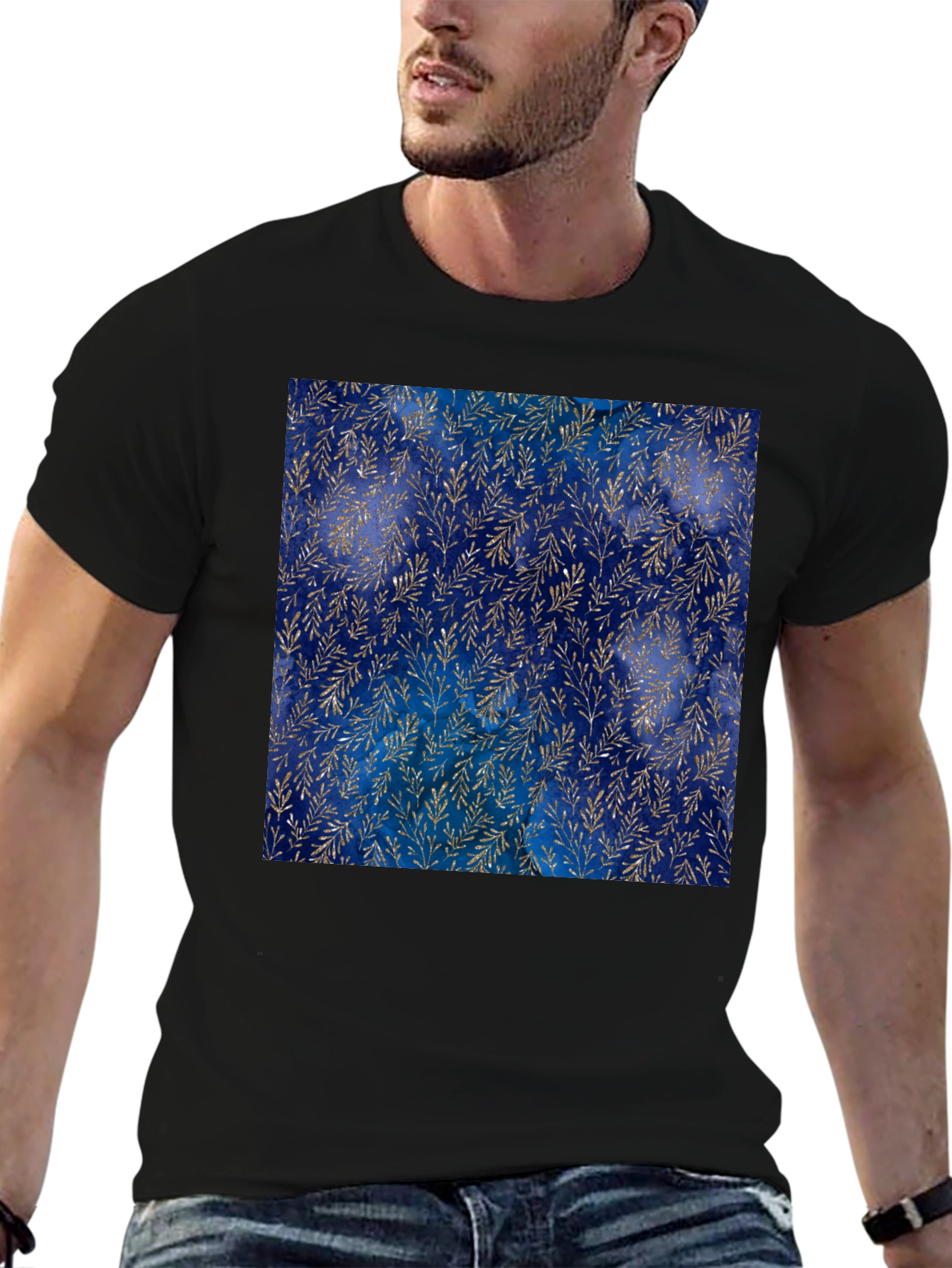 Navy & Gold Leaf Pattern T-Shirt