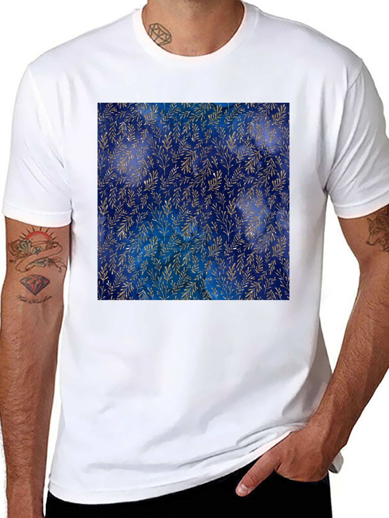 Navy & Gold Leaf Pattern T-Shirt