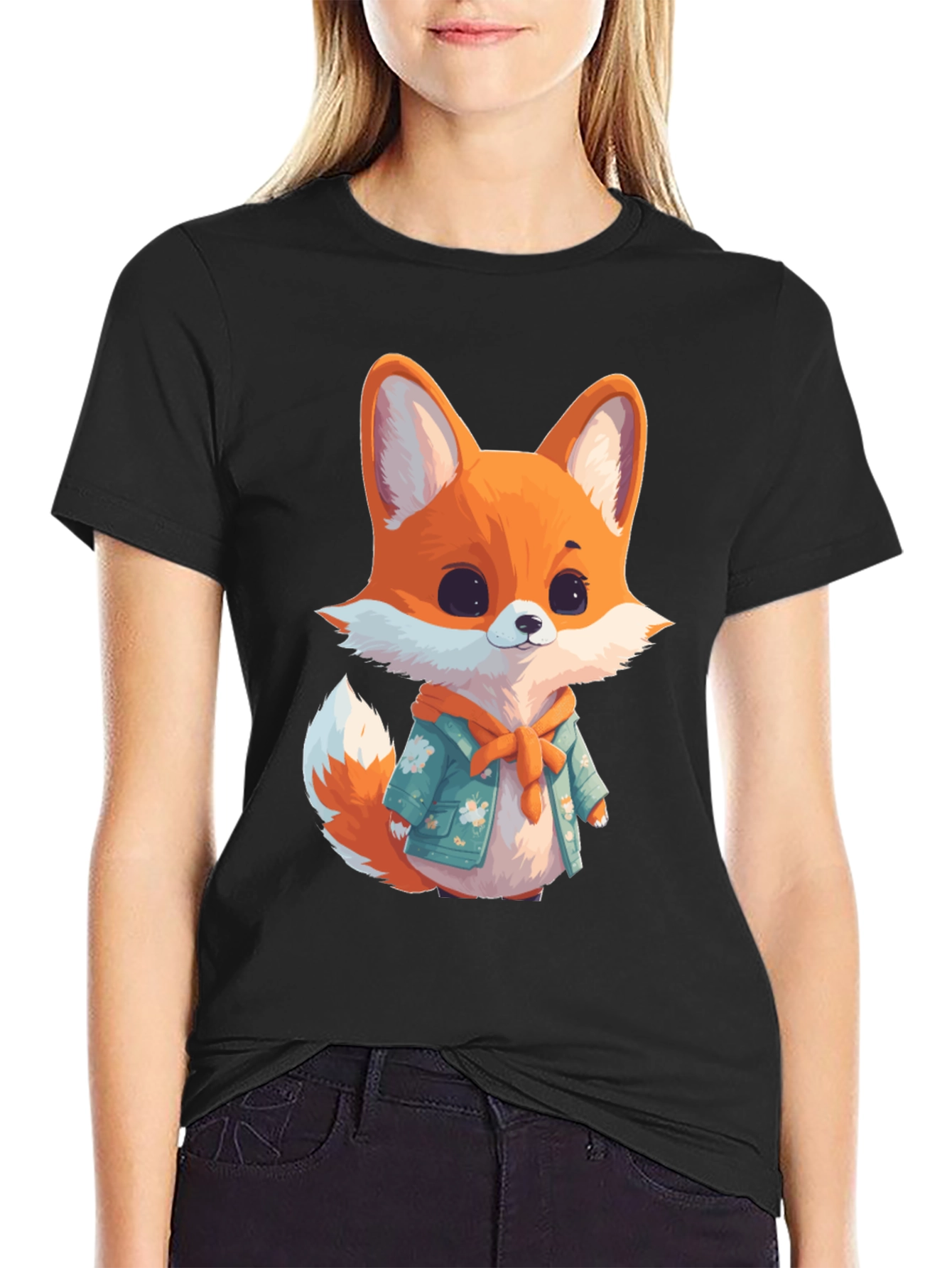 Cute Fox Graphic Black T-Shirt