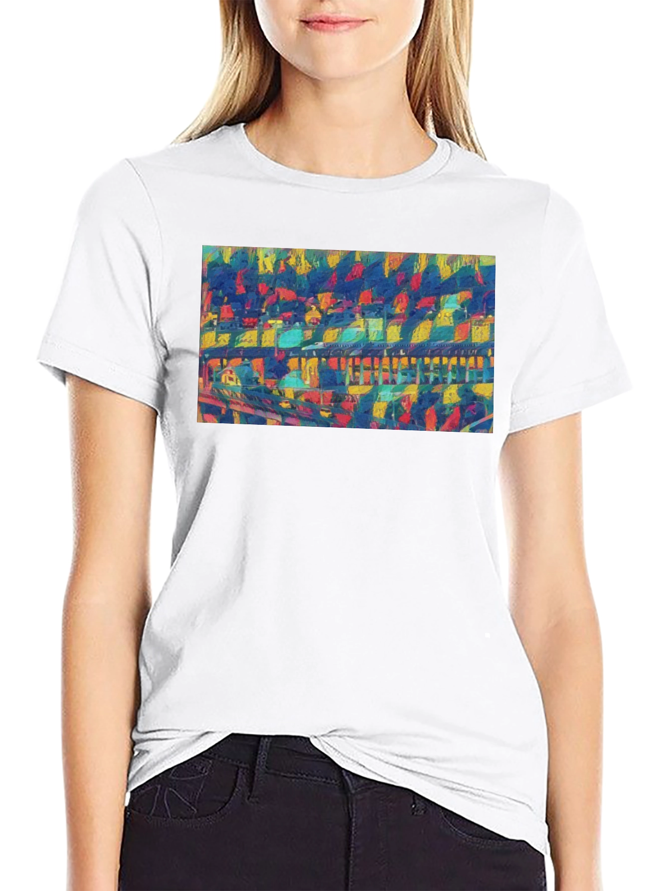 Abstract Bridge Art Print Black Crew Neck Tee