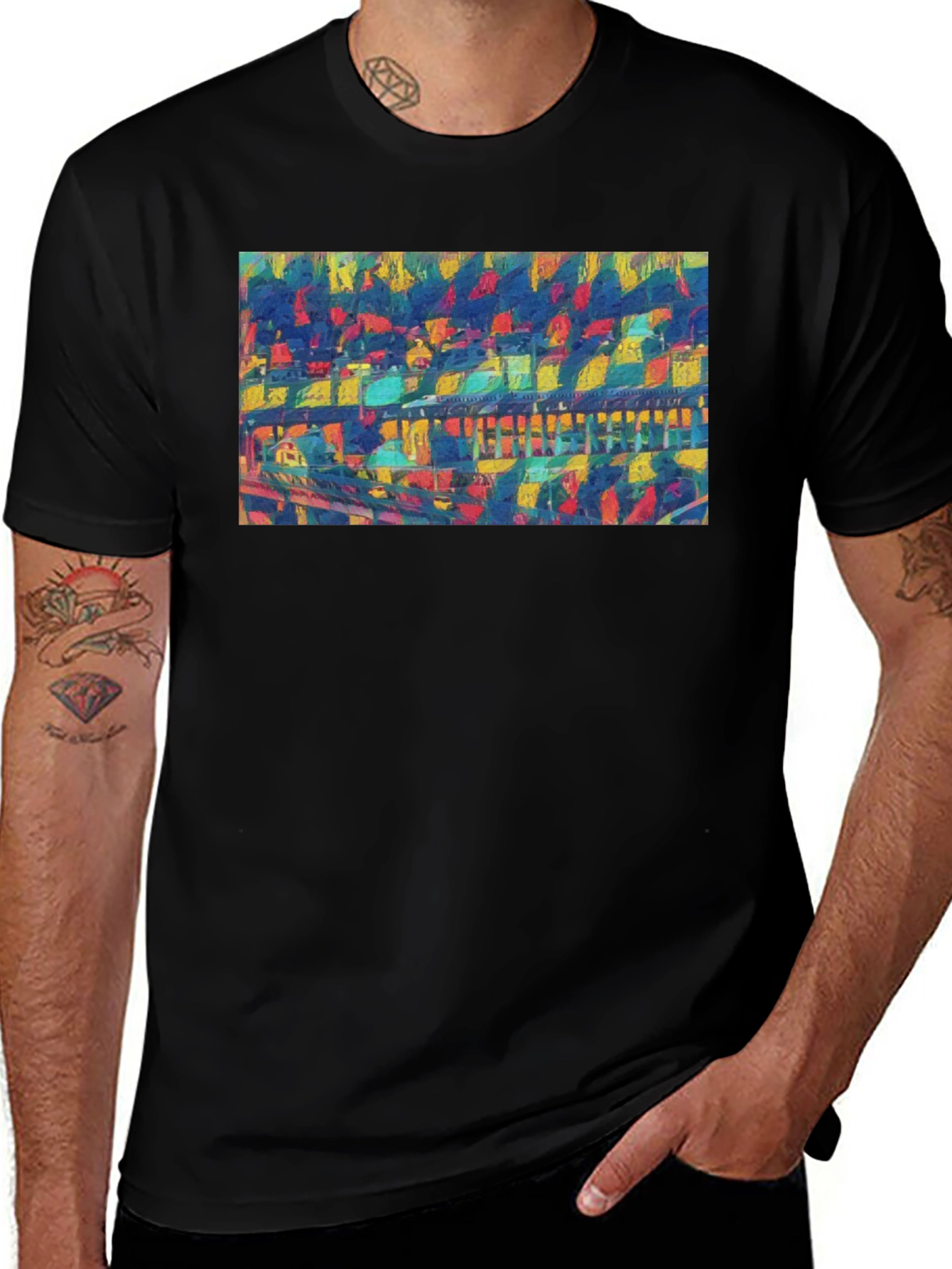 Abstract Bridge Art Print Black Crew Neck Tee