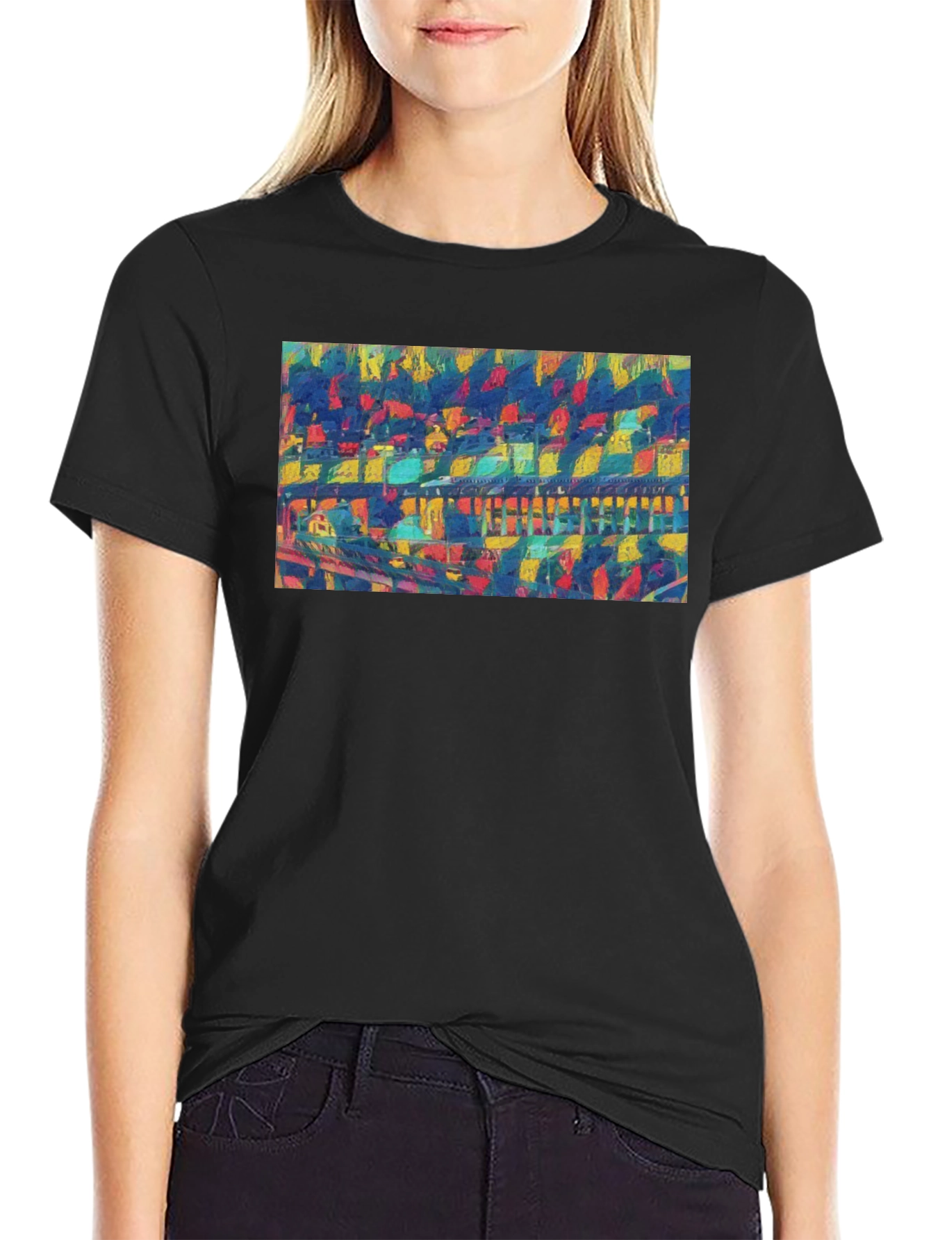 Abstract Bridge Art Print Black Crew Neck Tee