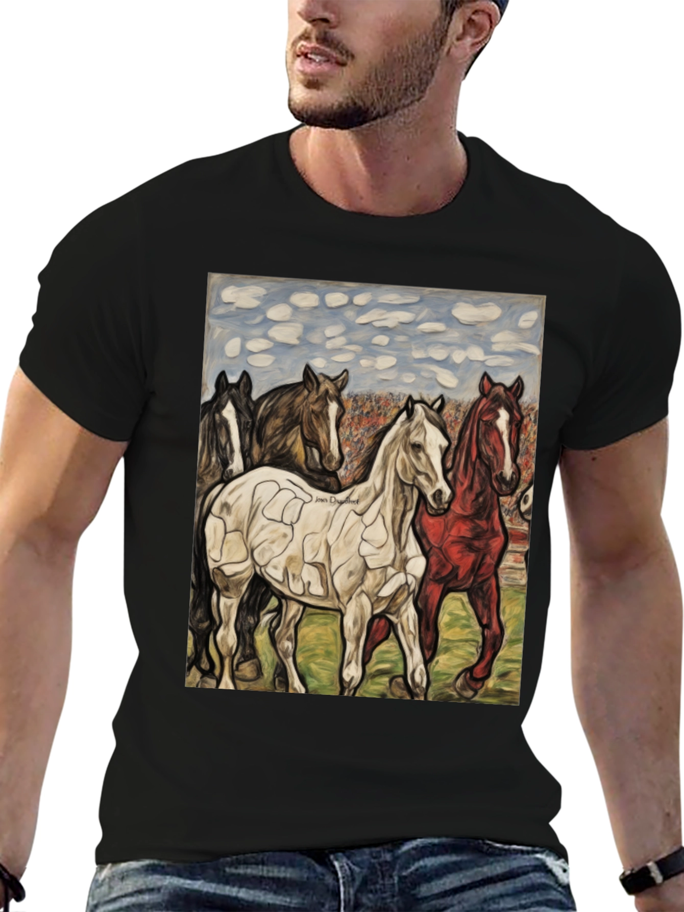 Horse Art Graphic Tee - Black Crew Neck
