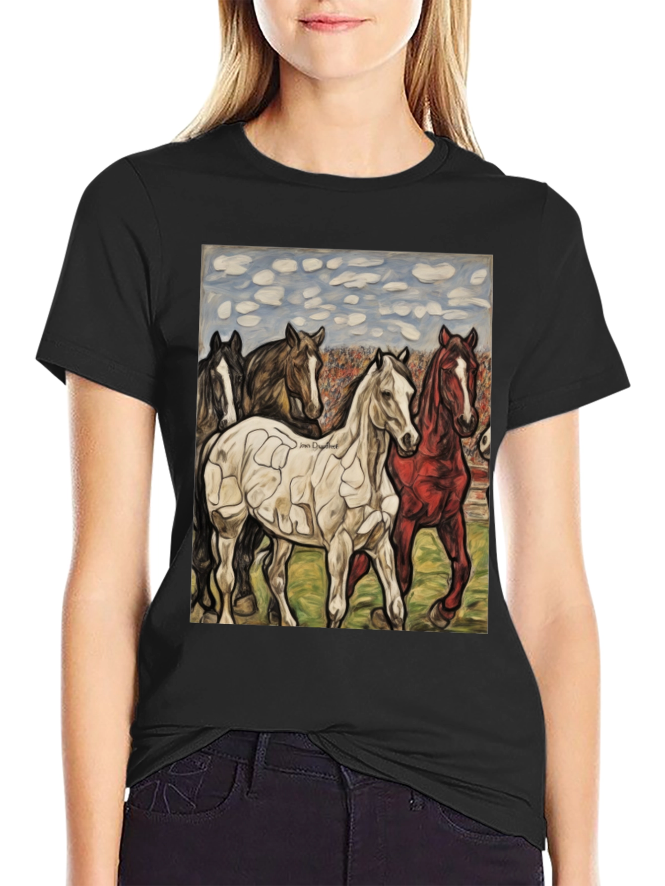 Horse Art Graphic Tee - Black Crew Neck
