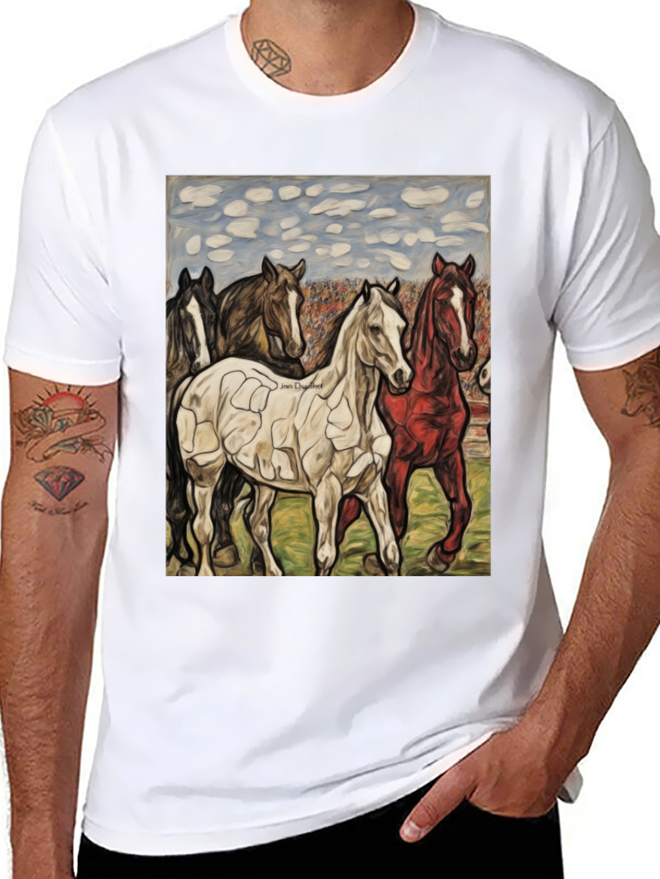 Horse Art Graphic Tee - Black Crew Neck
