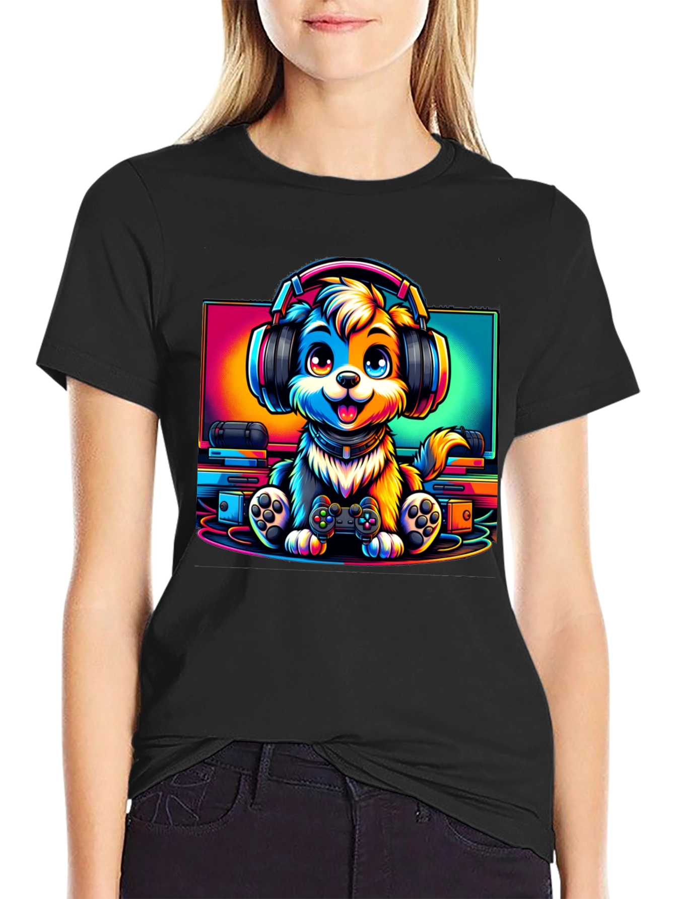 Gamer Dog Graphic T-Shirt - Black Cotton Tee
