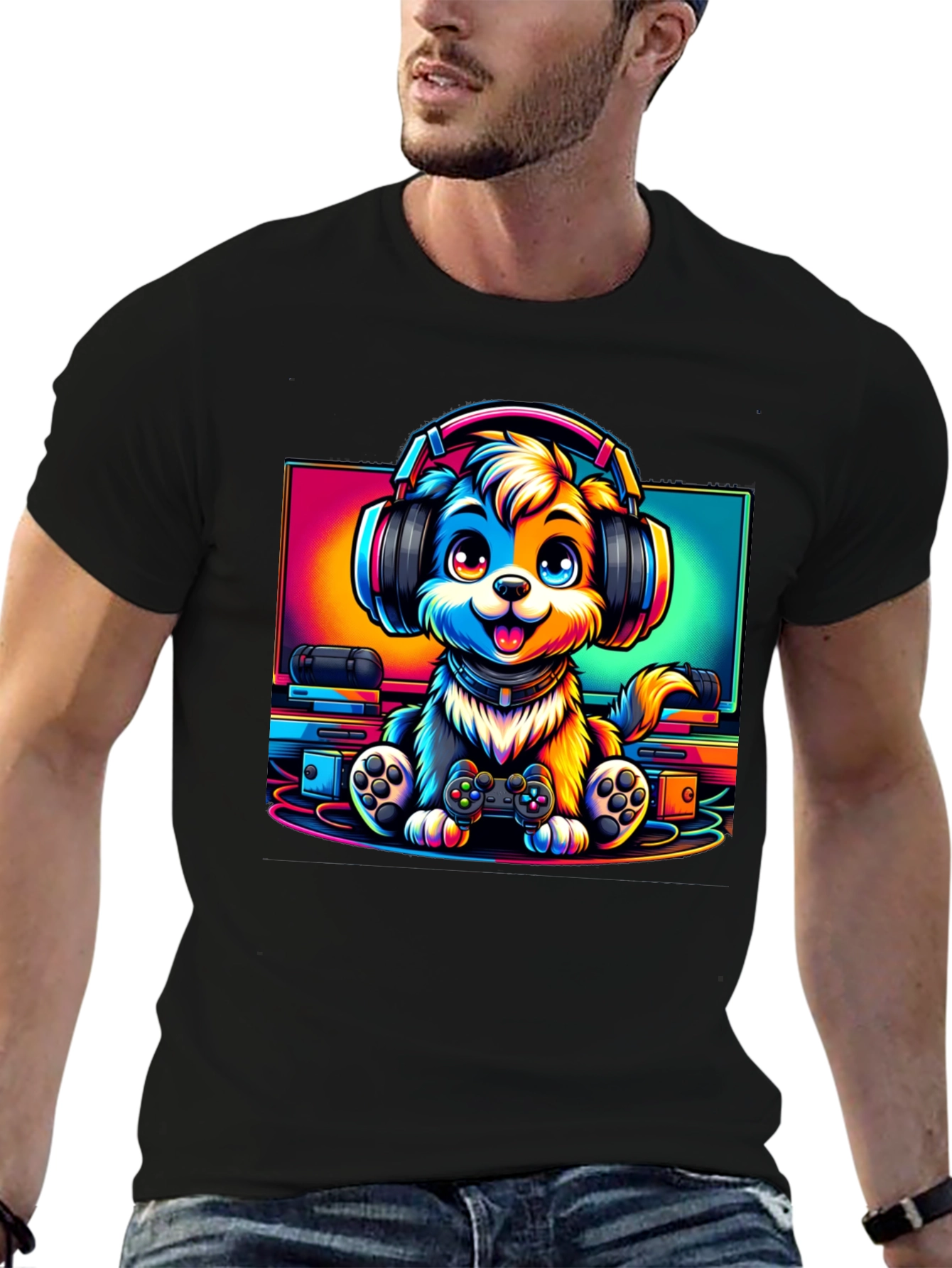 Gamer Dog Graphic T-Shirt - Black Cotton Tee