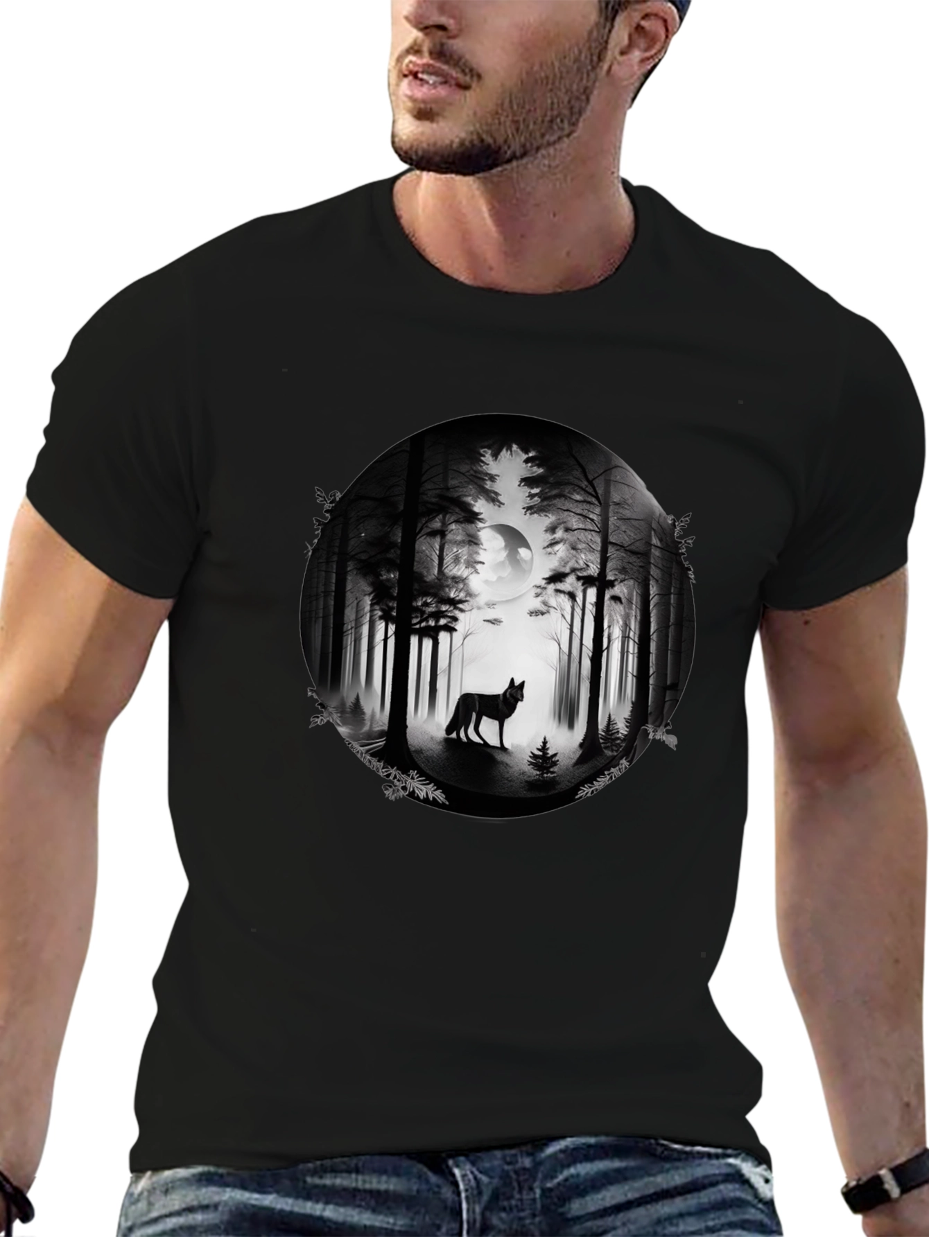 Wolf Forest Moon Graphic Tee - Black