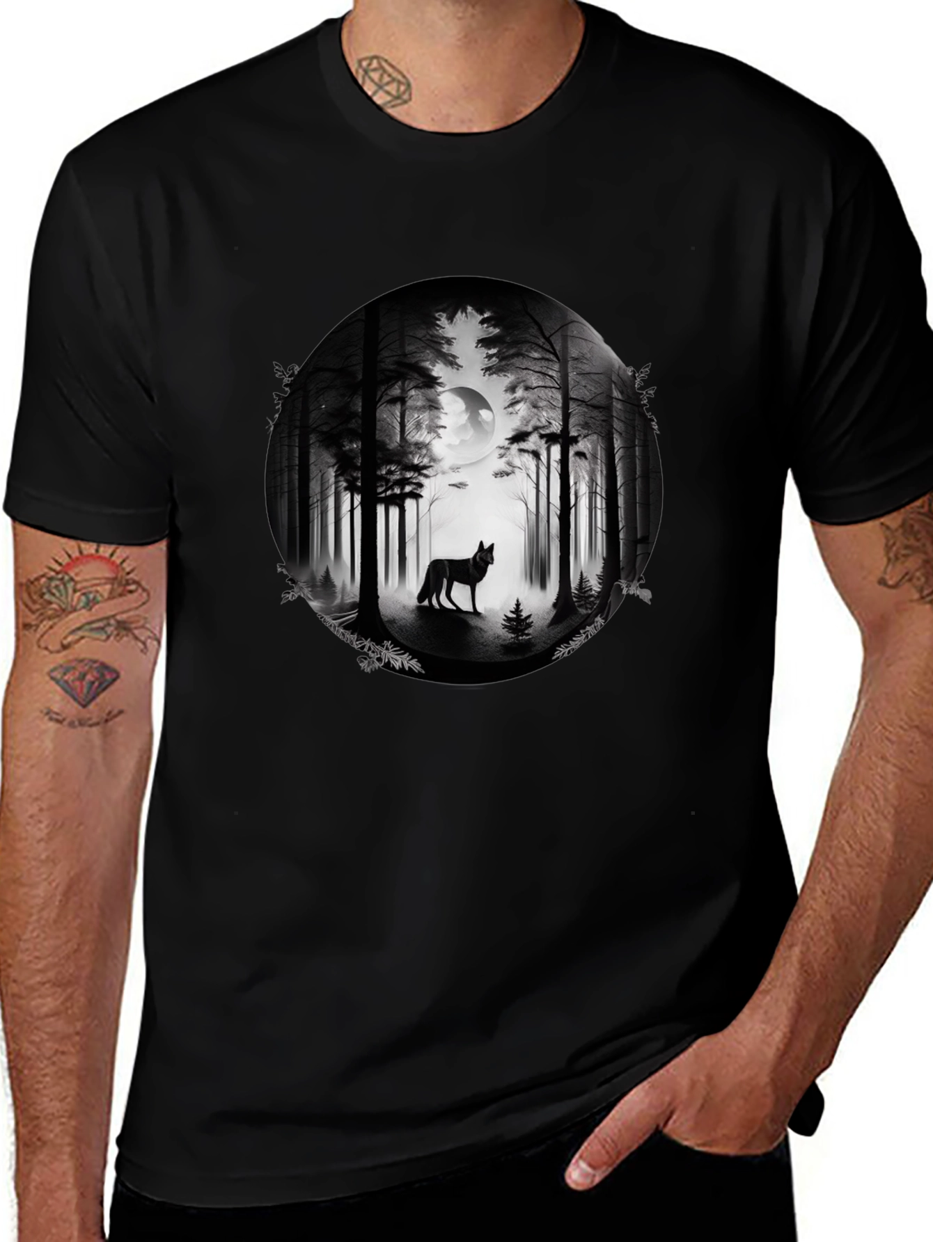 Wolf Forest Moon Graphic Tee - Black
