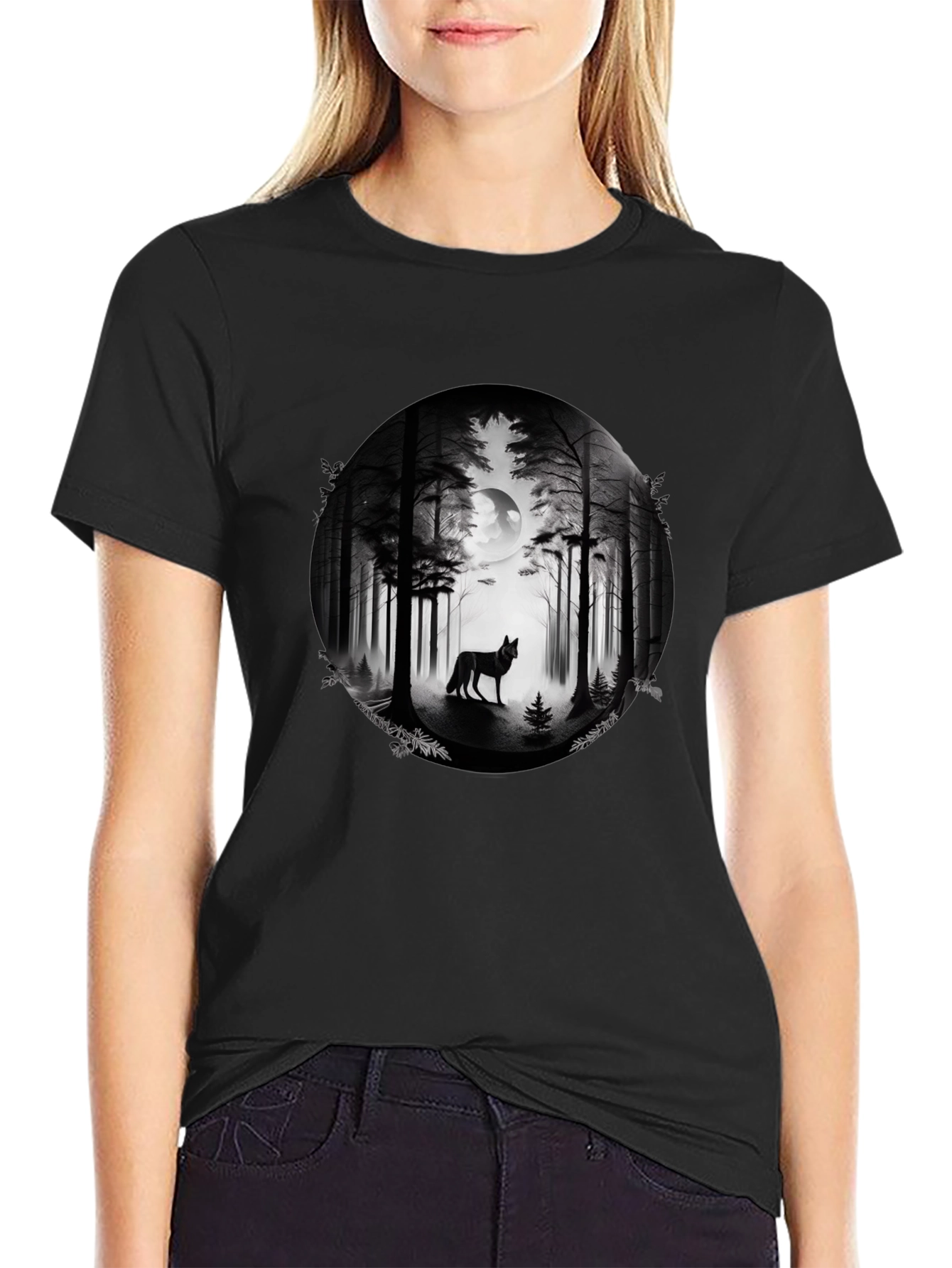 Wolf Forest Moon Graphic Tee - Black