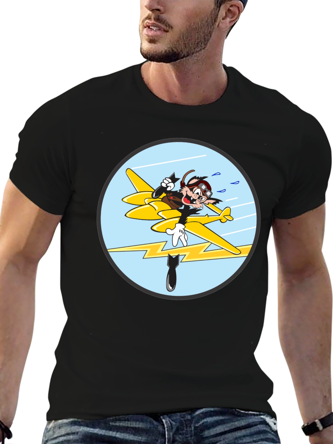 Cartoon Aviator Tee - Black Cotton Blend
