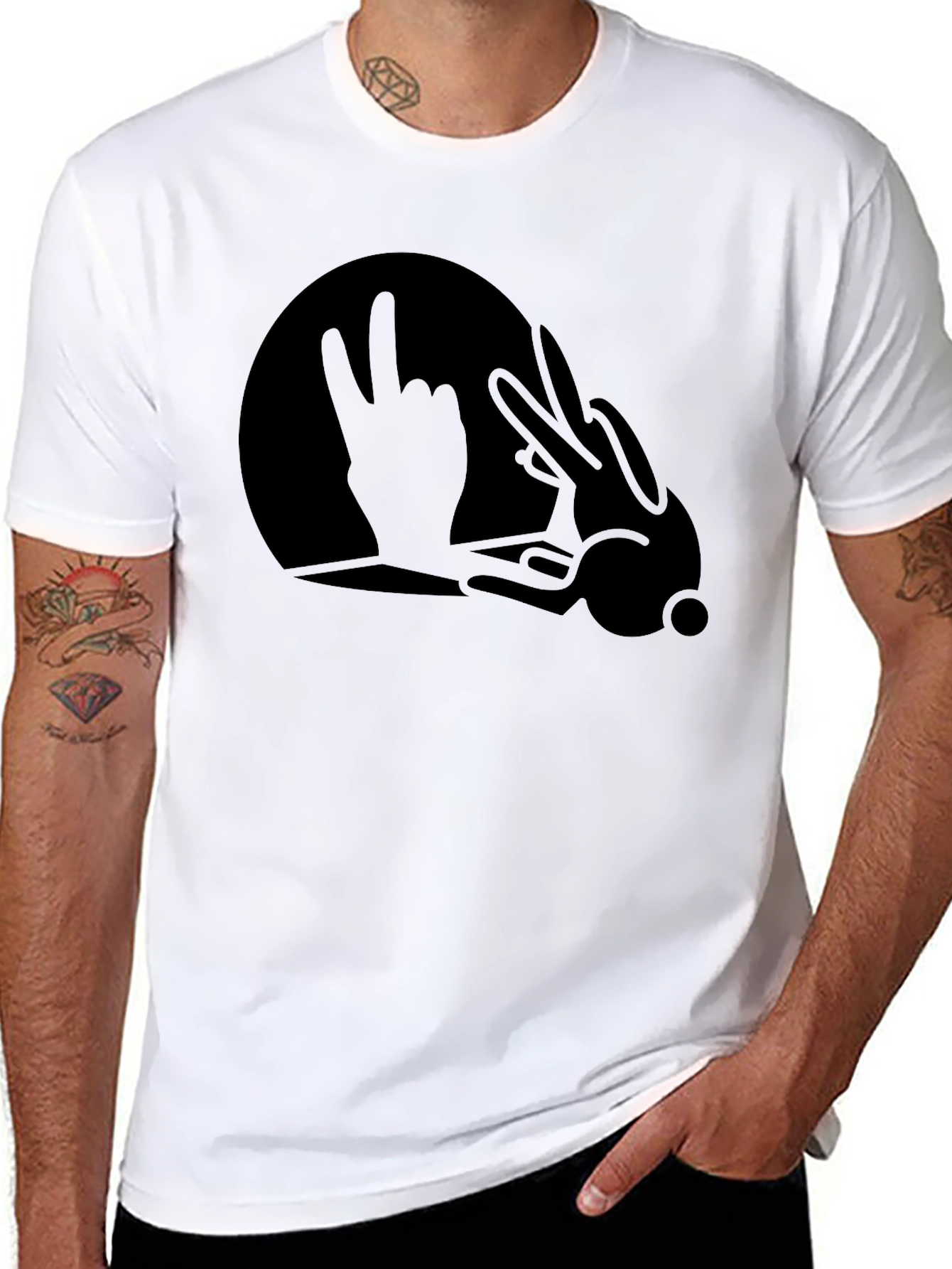 Black Funny Rock On Hand Bunny T-Shirt
