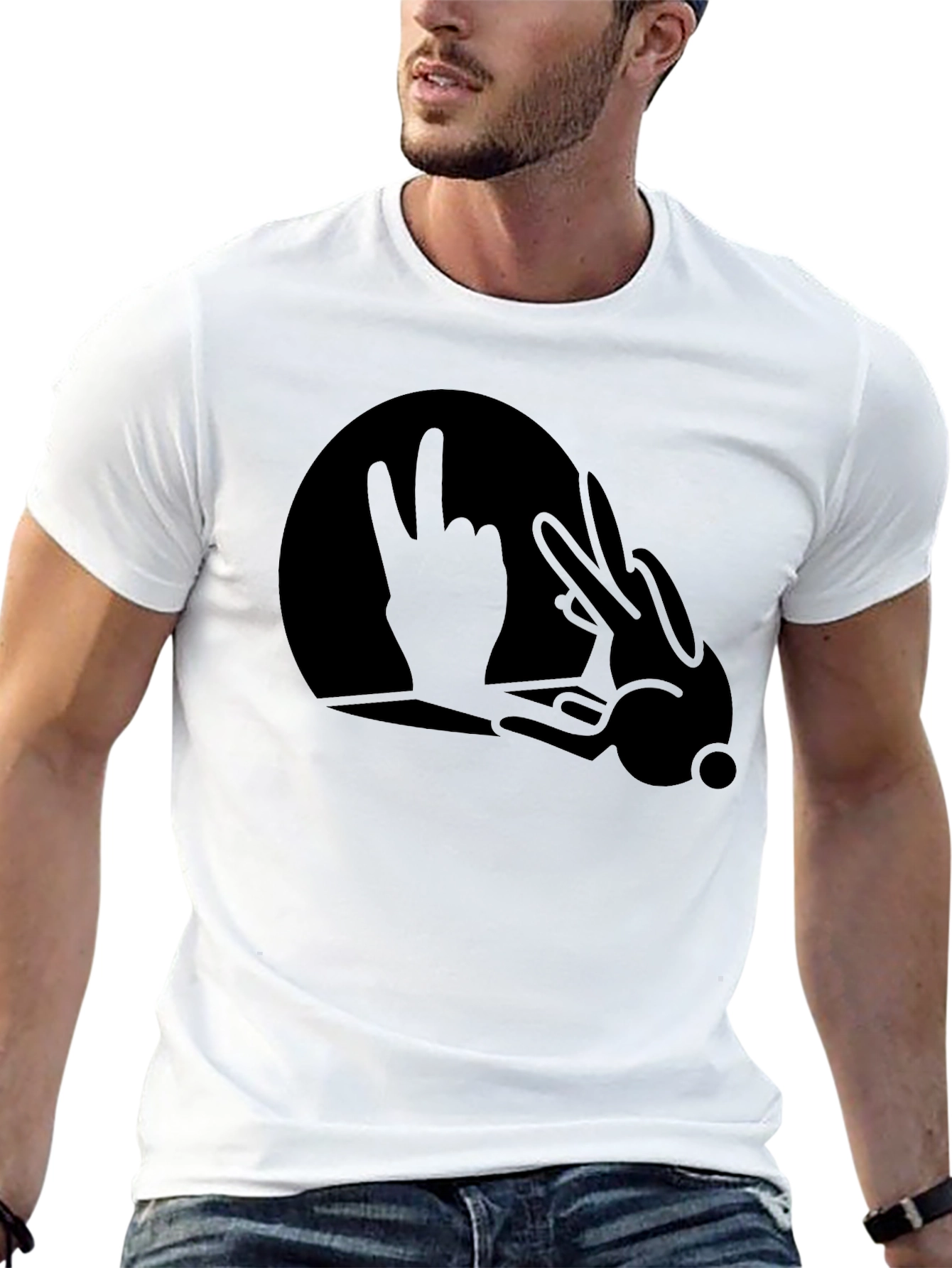 Black Funny Rock On Hand Bunny T-Shirt