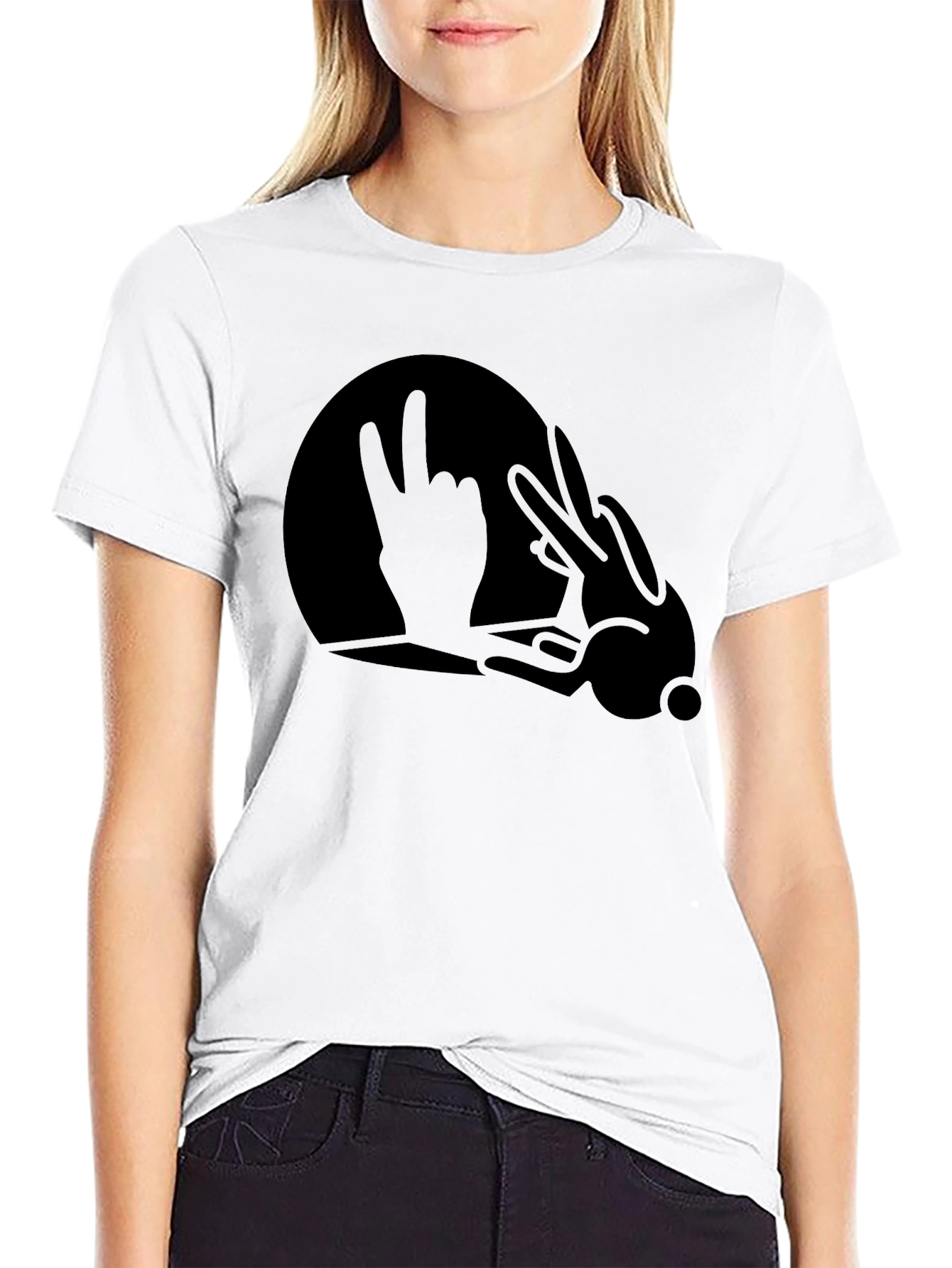 Black Funny Rock On Hand Bunny T-Shirt