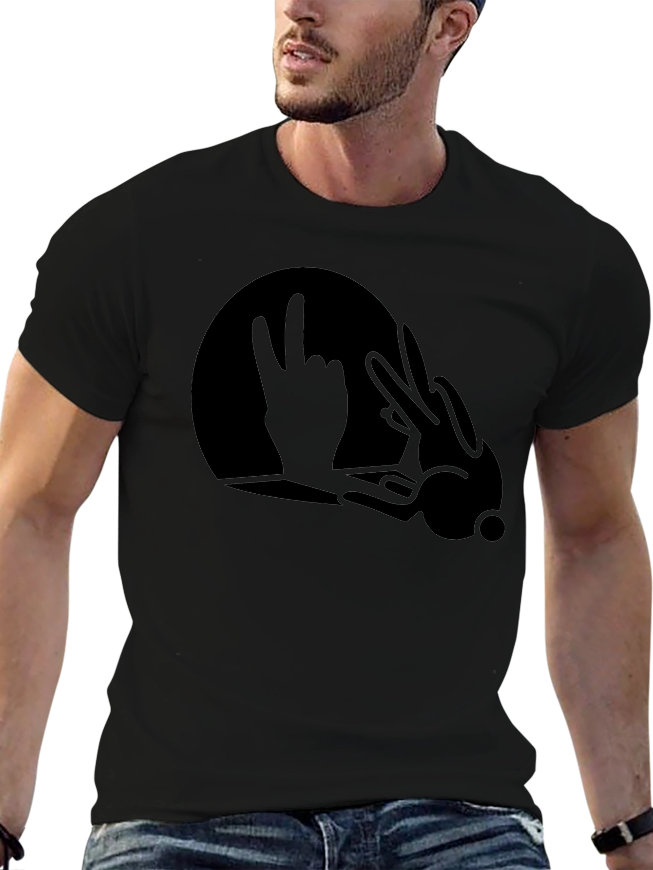 Black Funny Rock On Hand Bunny T-Shirt