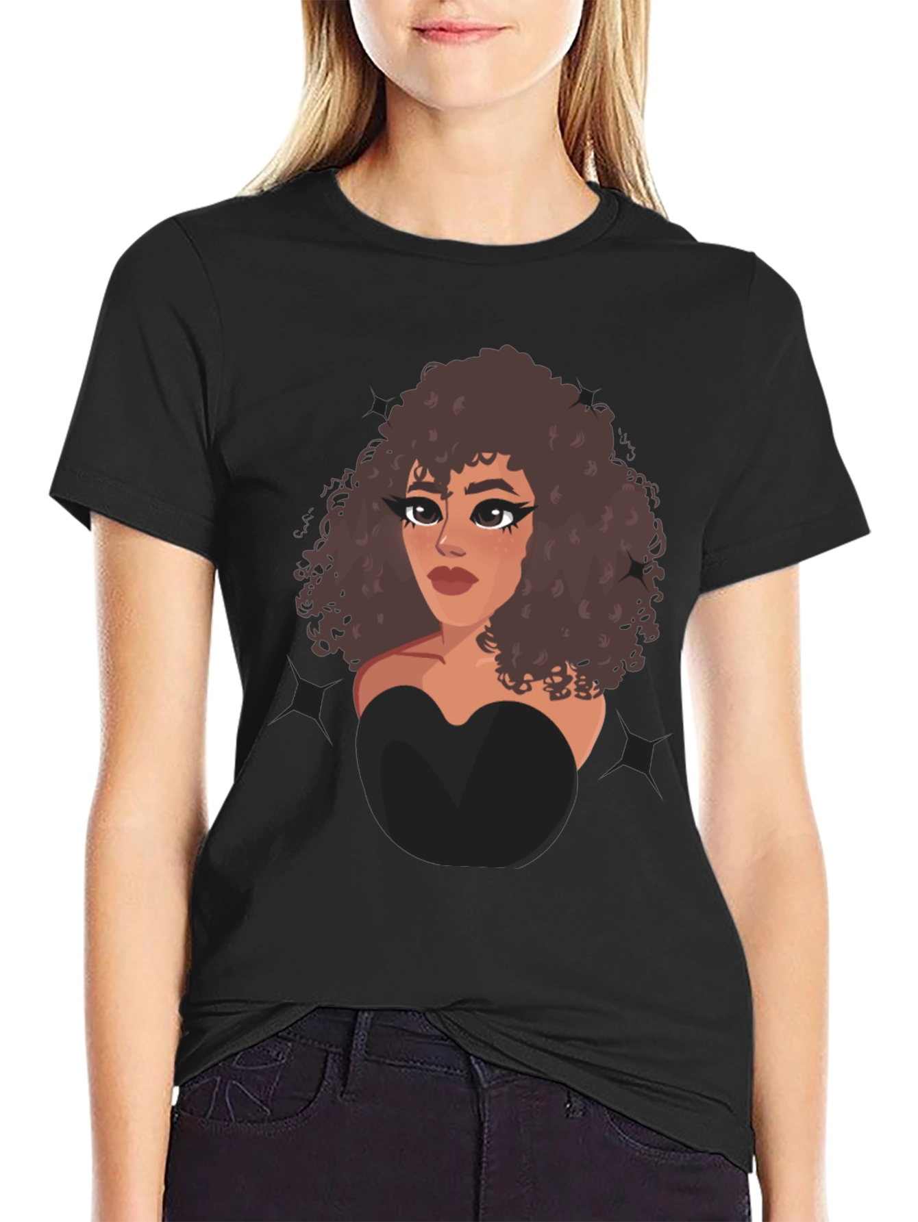 Cartoon Girl Graphic Black T-Shirt