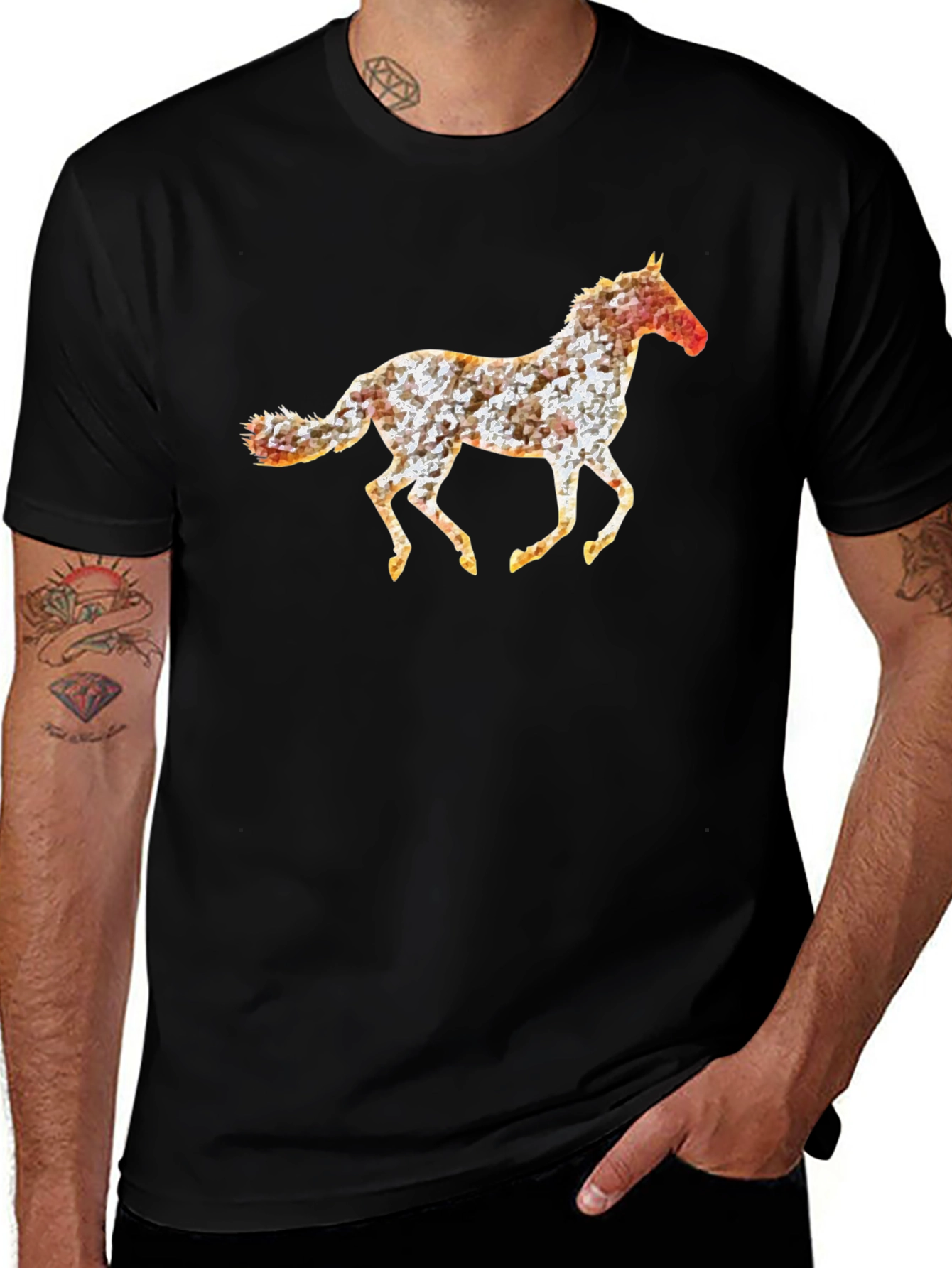 Geometric Horse Print Black T-Shirt