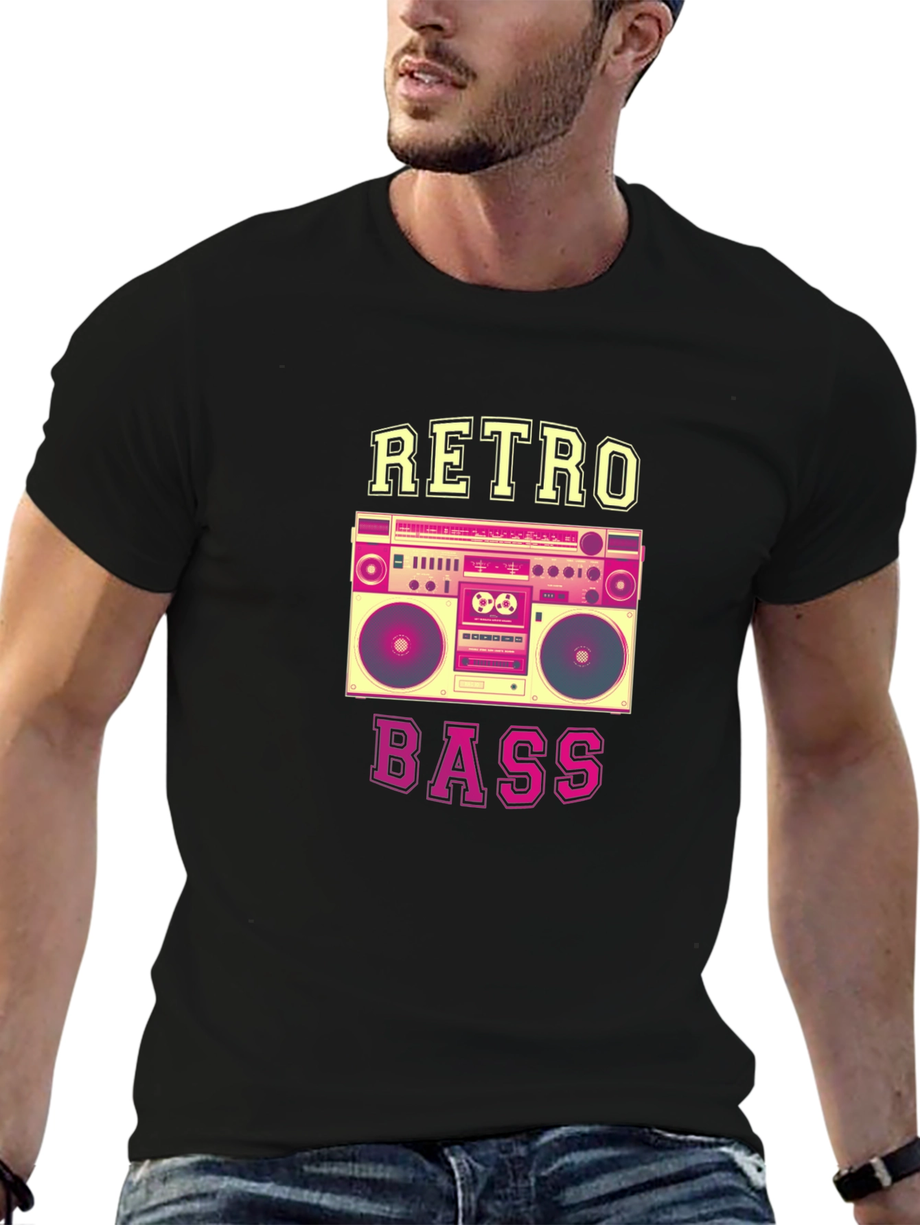 Retro Bass Boombox Graphic Tee - Black
