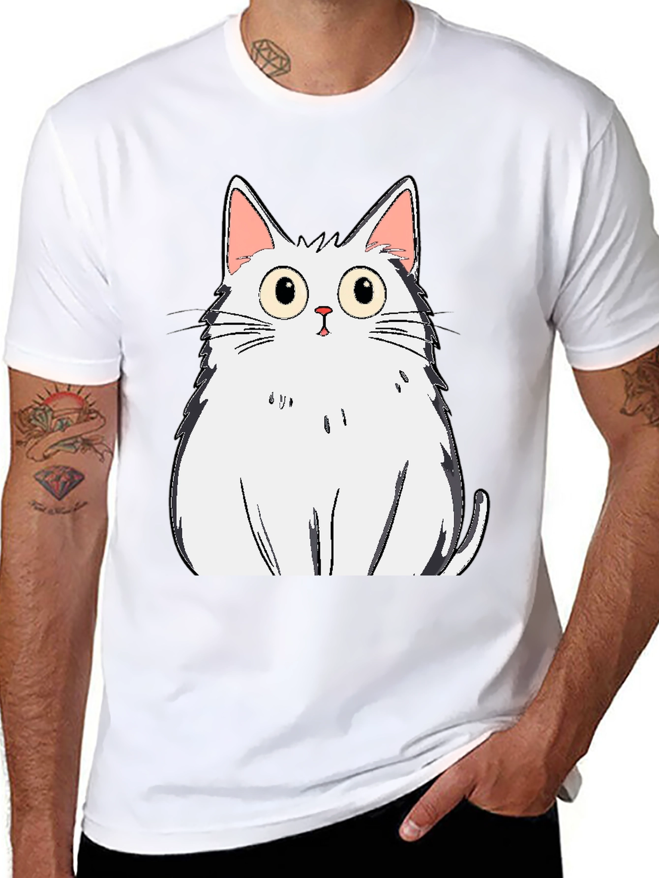 Cartoon Cat Graphic Tee - Black