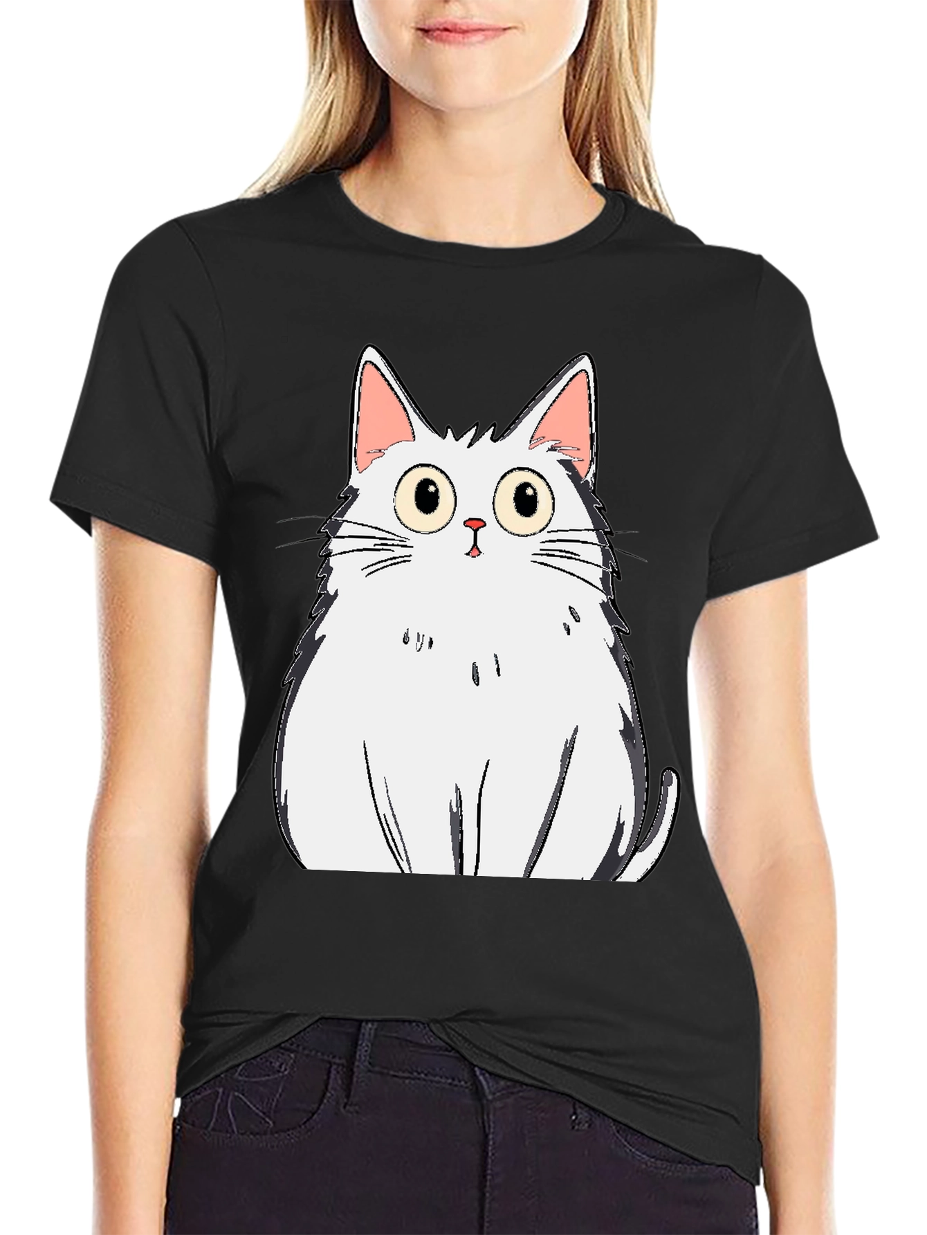 Cartoon Cat Graphic Tee - Black