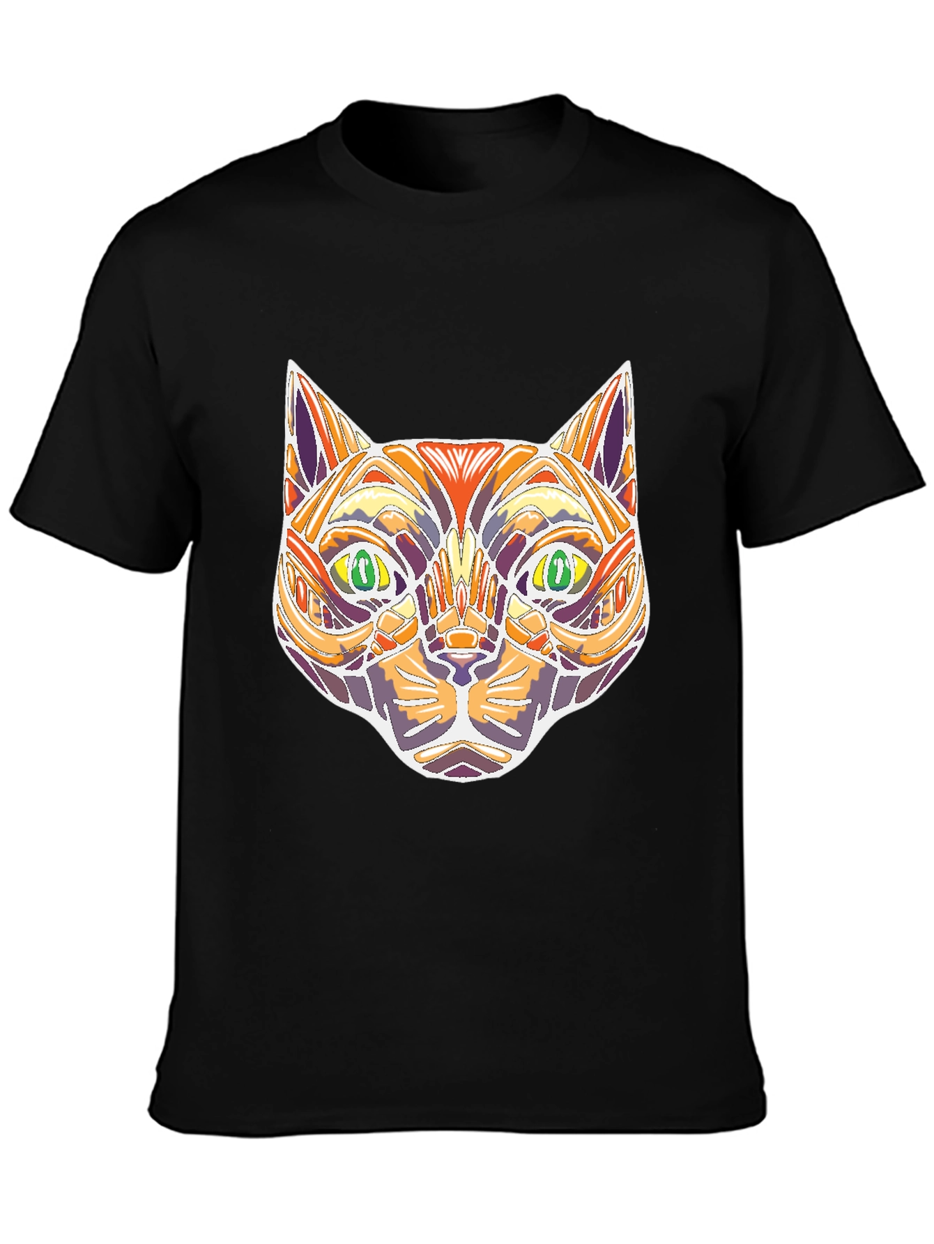 Abstract Geometric Cat Head Graphic Black T-Shirt