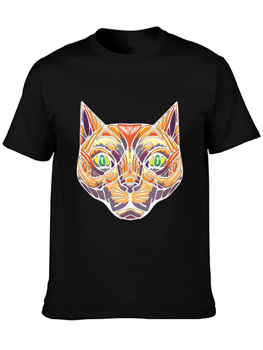 Abstract Geometric Cat Head Graphic Black T-Shirt