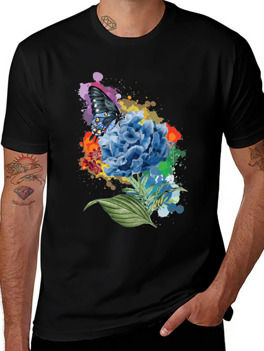 Butterfly & Floral Watercolor Black T-Shirt