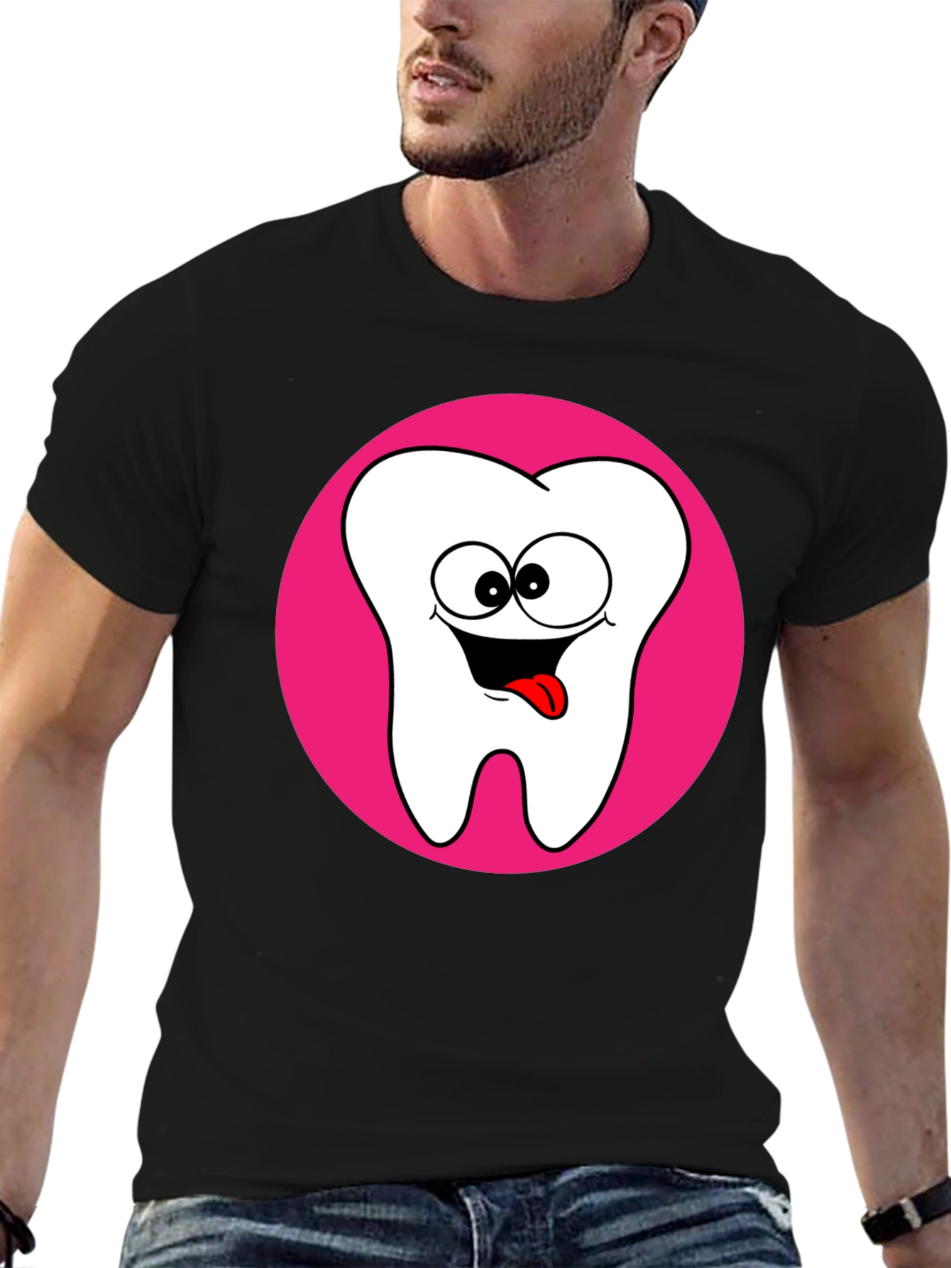Funny Tooth Cartoon Graphic Black T-Shirt