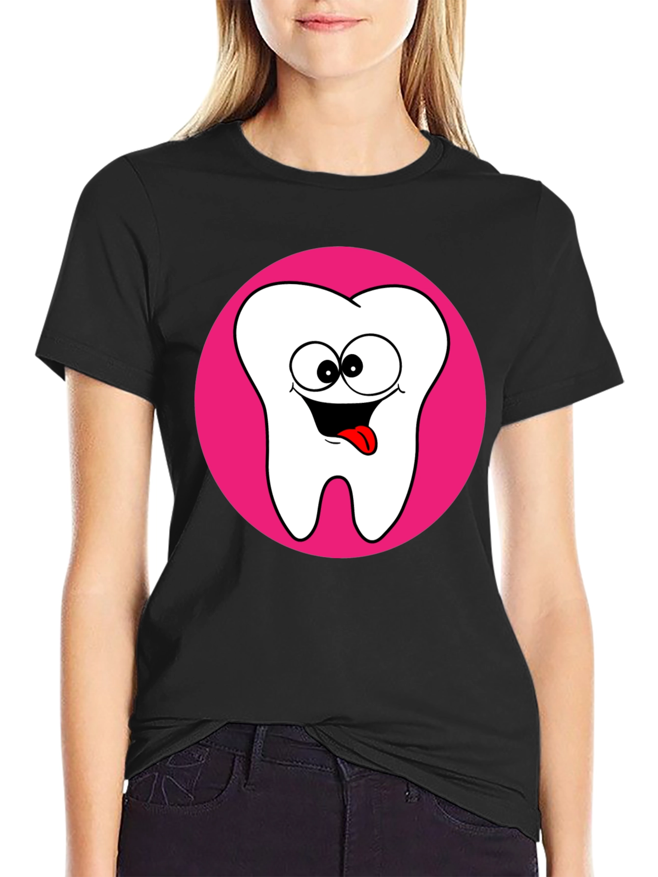 Funny Tooth Cartoon Graphic Black T-Shirt