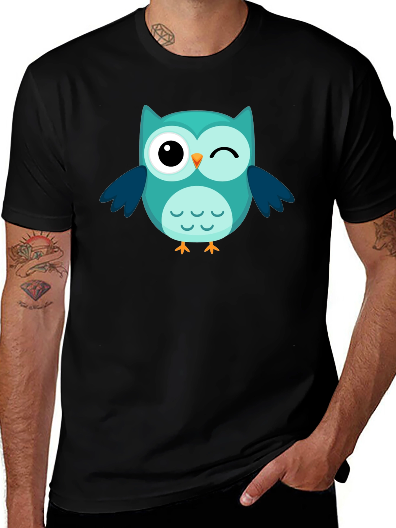 Winking Owl Graphic Tee - Black Cotton Comfort