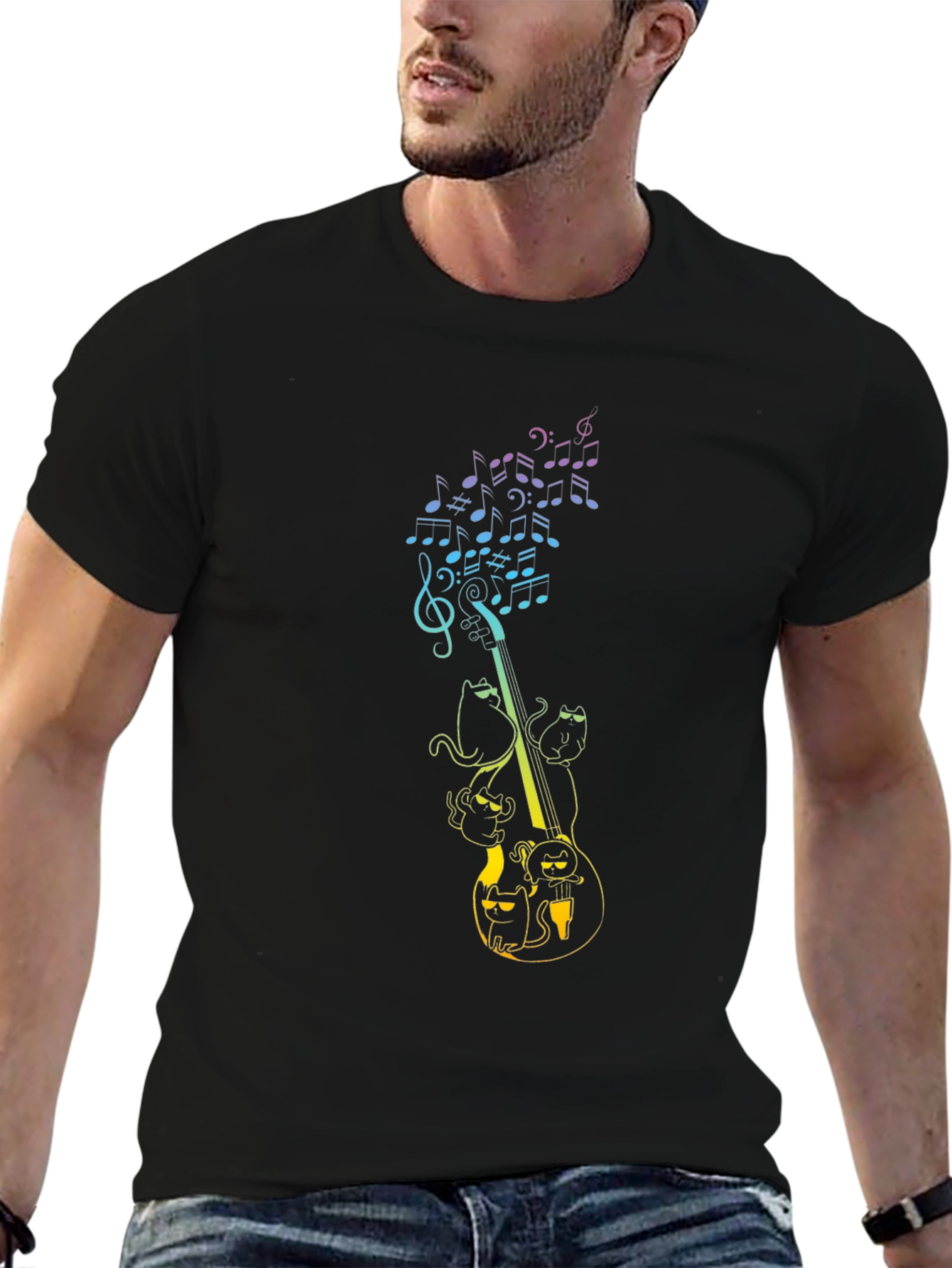 Musical Cats Graphic Tee - Black Cotton T-Shirt