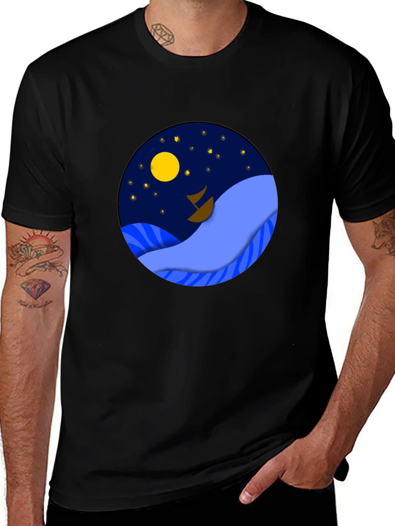 Night Sea Graphic Tee - Stylish Mens Black T-Shirt
