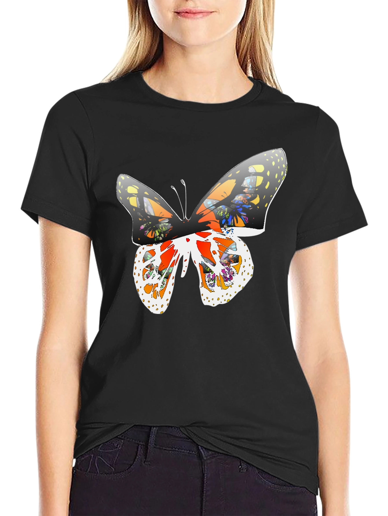 Butterfly Graphic Print Tee - Casual Black T-Shirt