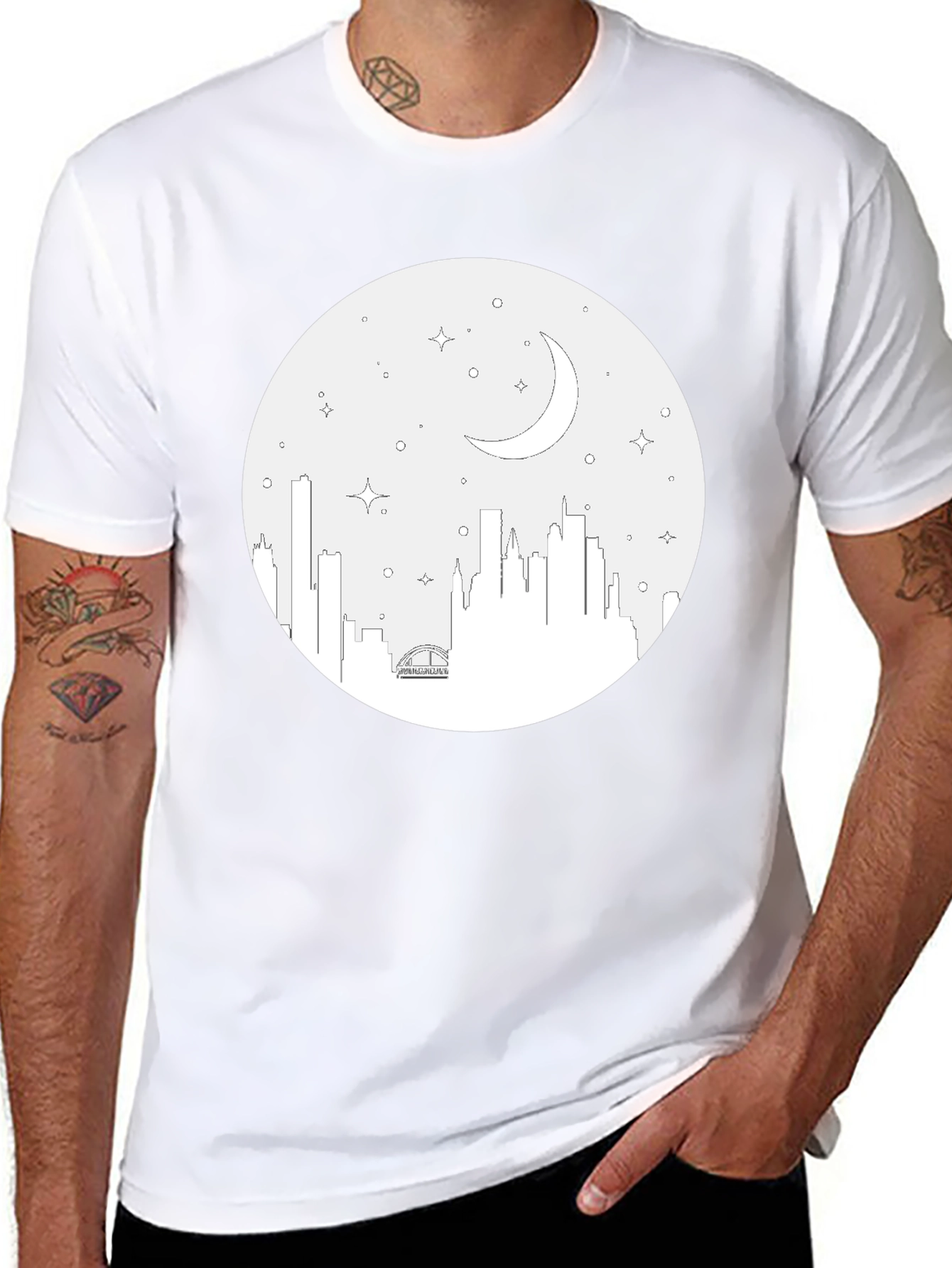 Cityscape Moon Graphic Tee - Black Cotton T-Shirt