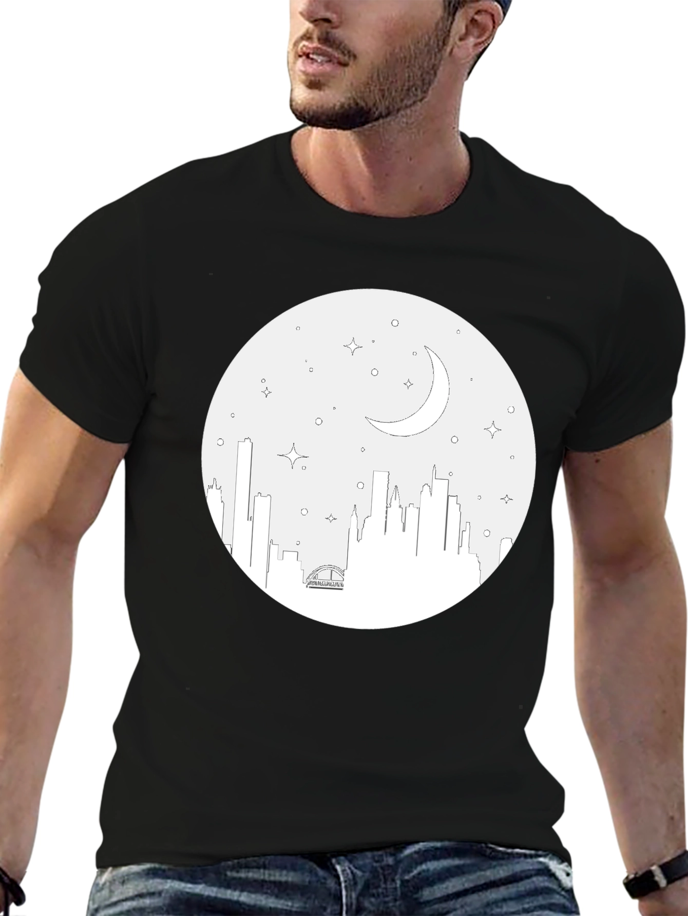 Cityscape Moon Graphic Tee - Black Cotton T-Shirt