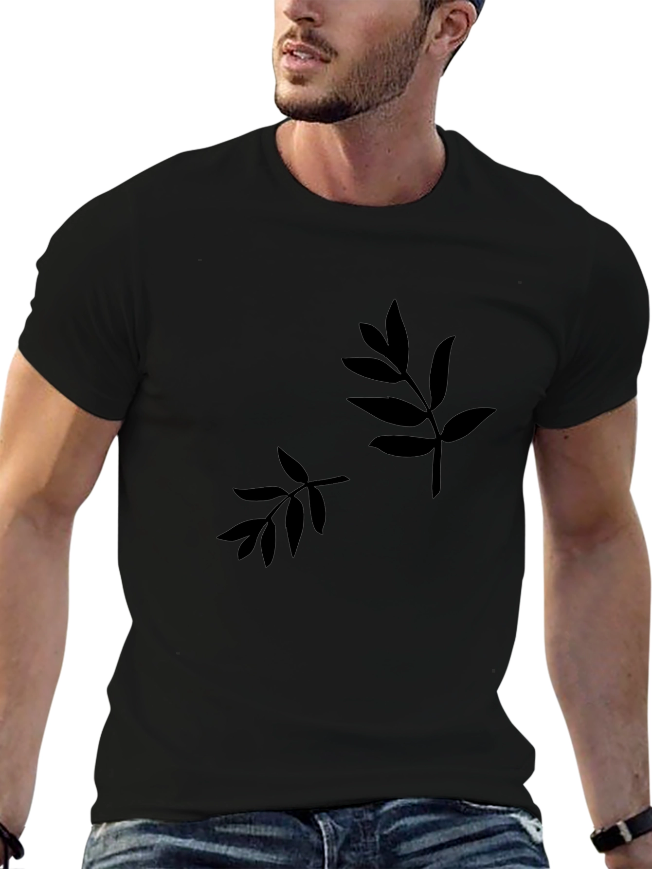 Minimalist Leaf Design Black T-Shirt