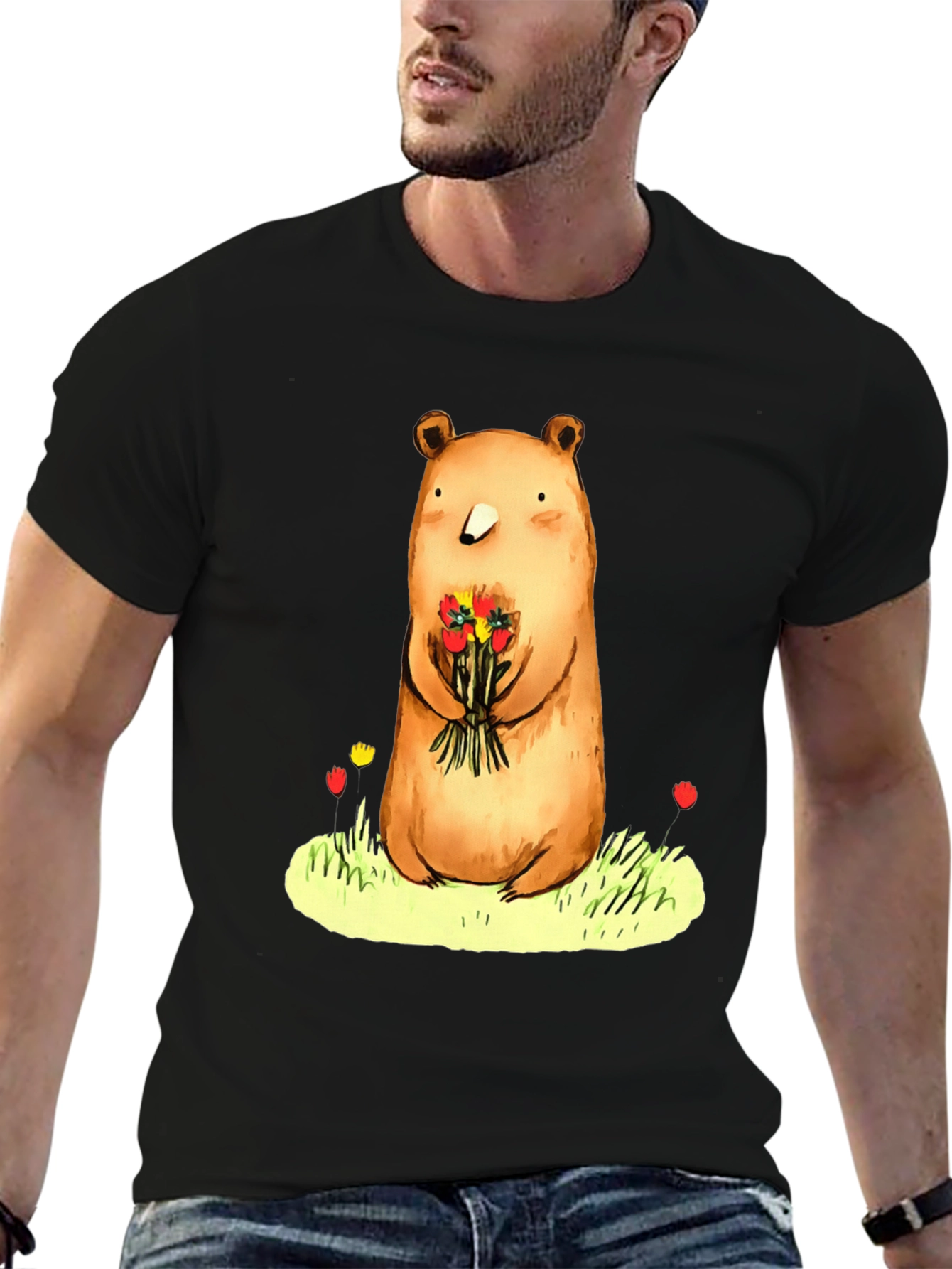 Bear with Flowers Graphic Tee - Soft Cotton Blend