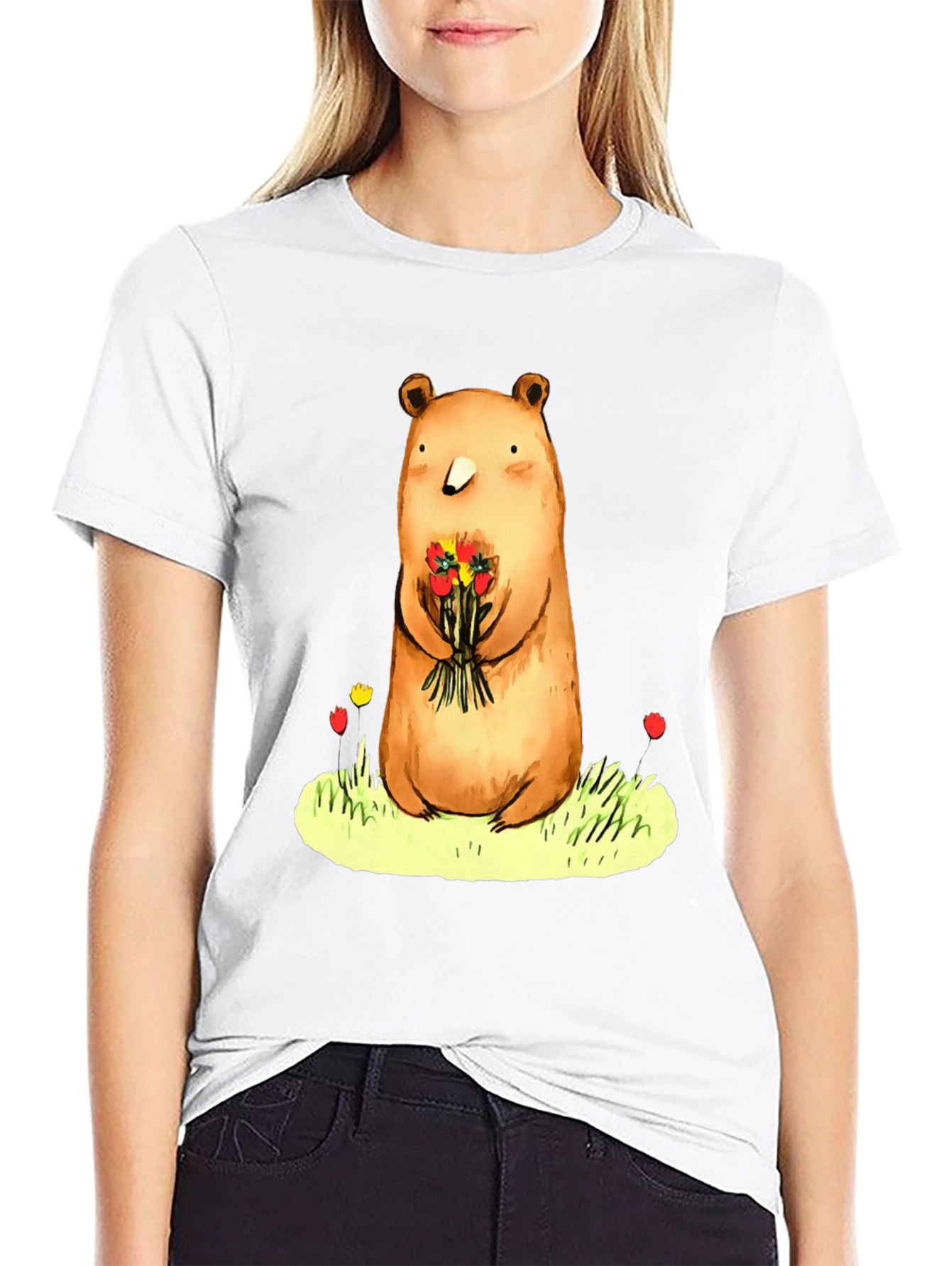 Bear with Flowers Graphic Tee - Soft Cotton Blend
