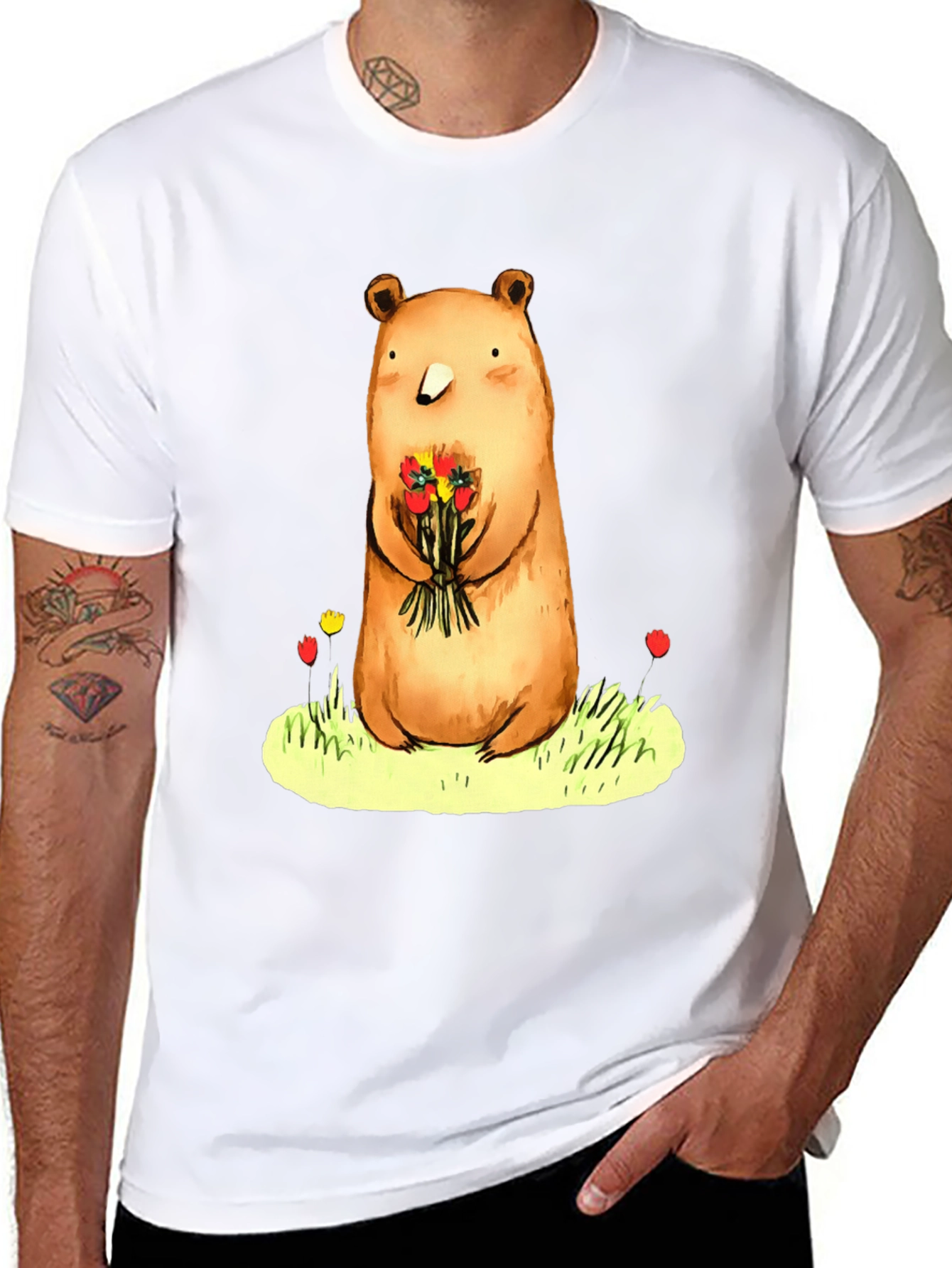 Bear with Flowers Graphic Tee - Soft Cotton Blend