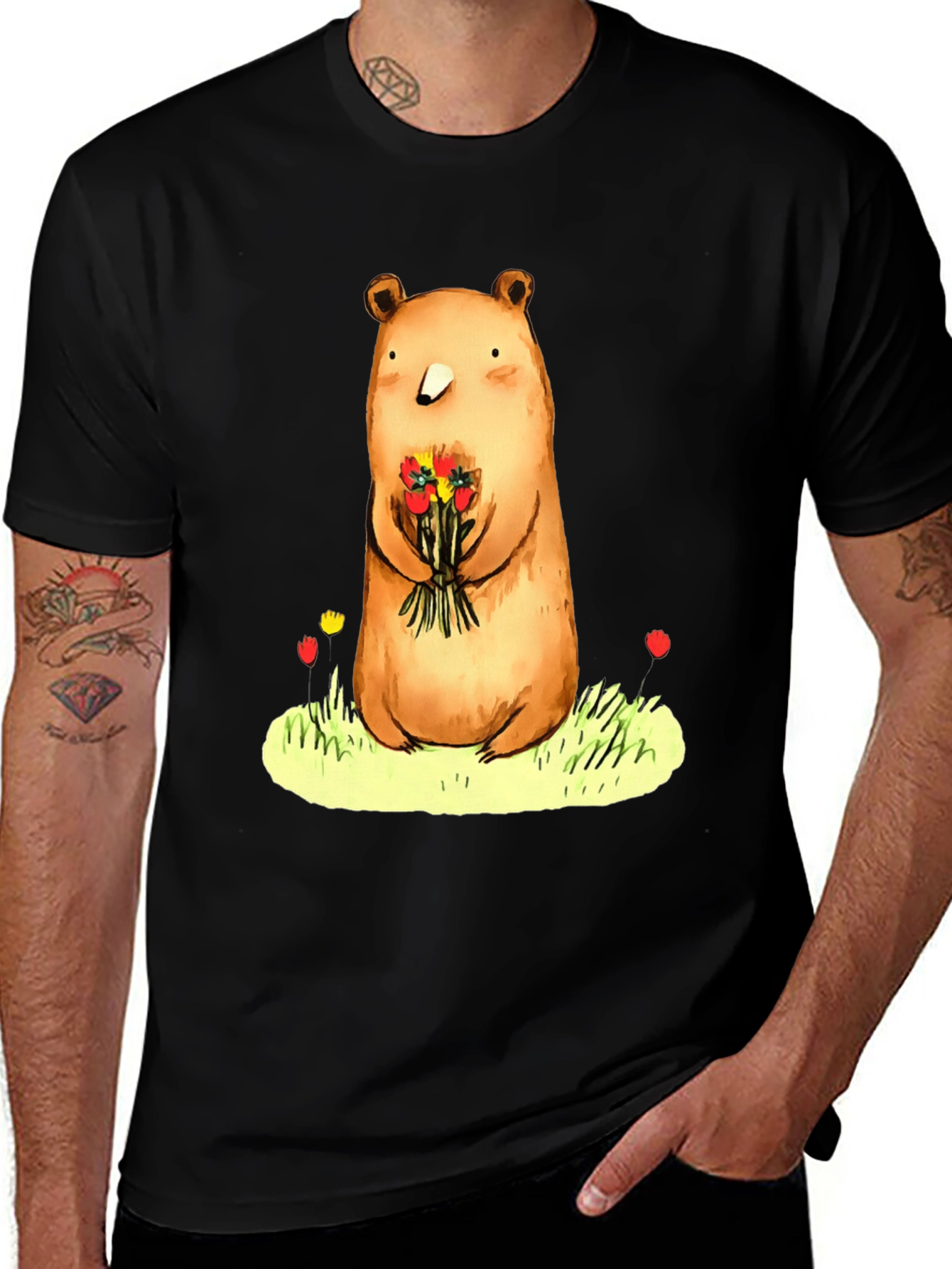 Bear with Flowers Graphic Tee - Soft Cotton Blend