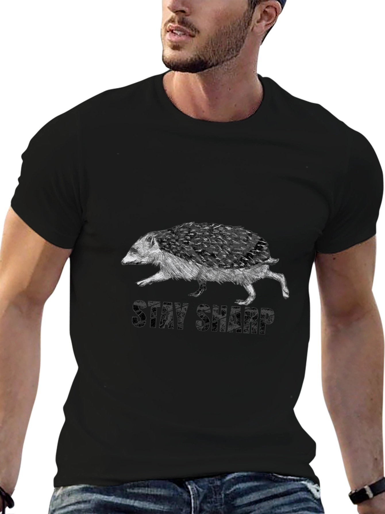 Stay Sharp Hedgehog Graphic Tee - Black Cotton Blend