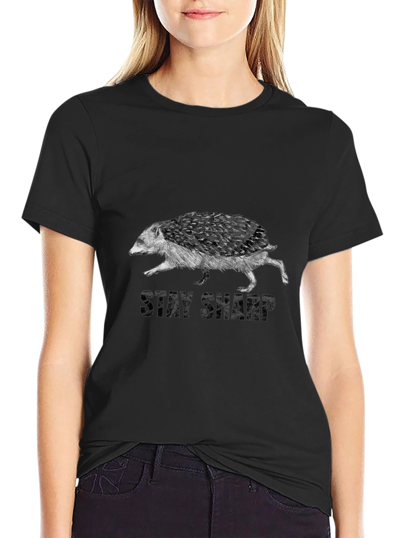 Stay Sharp Hedgehog Graphic Tee - Black Cotton Blend