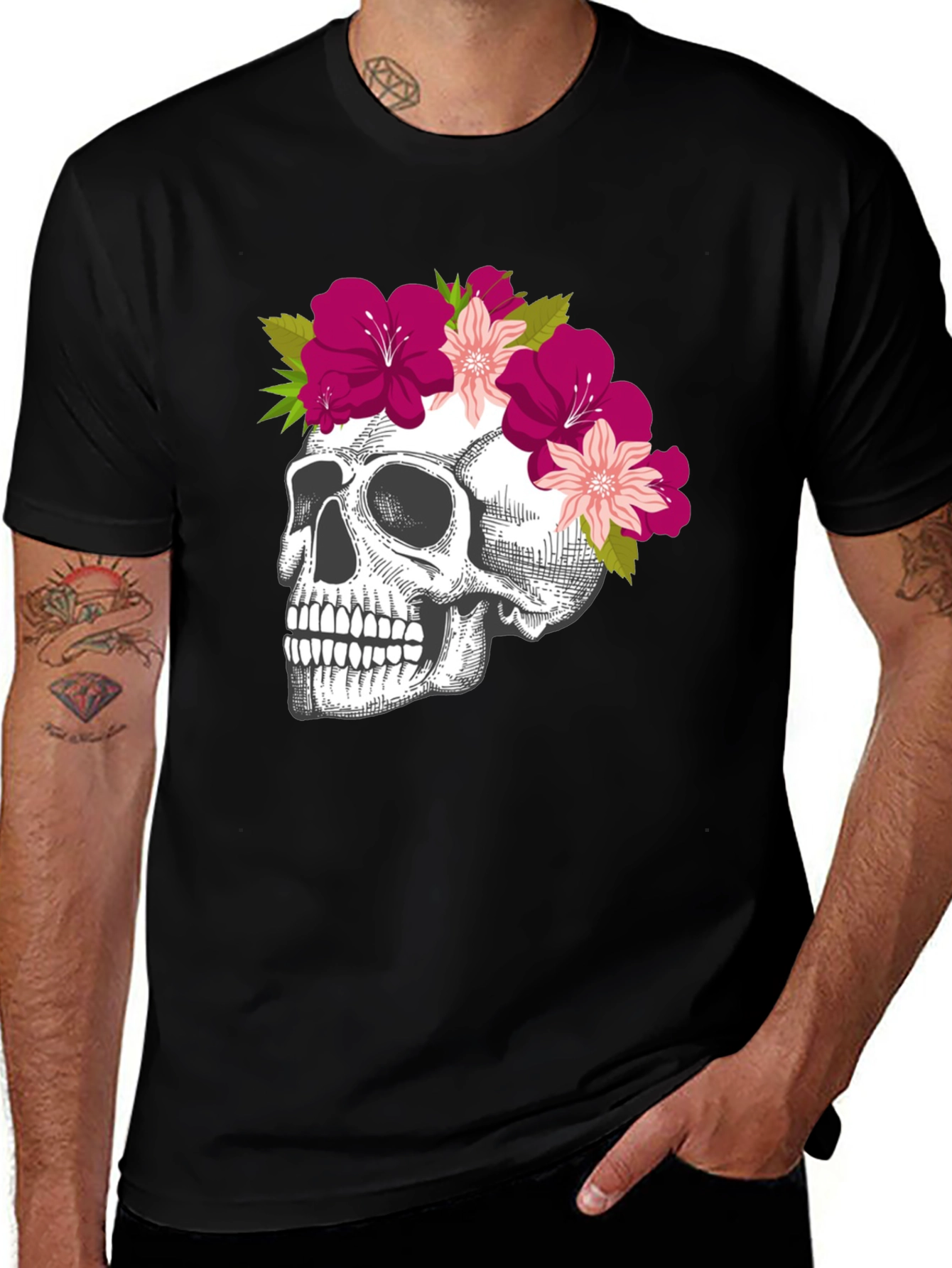 Floral Skull Graphic Tee - Stylish Black T-Shirt