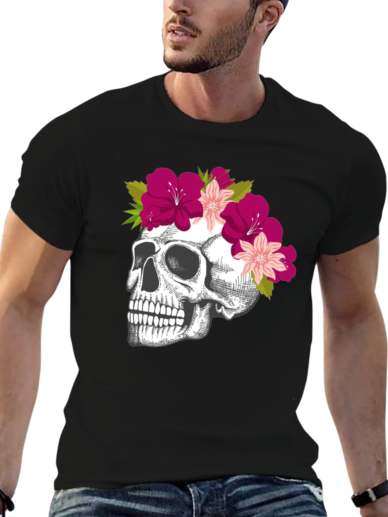 Floral Skull Graphic Tee - Stylish Black T-Shirt